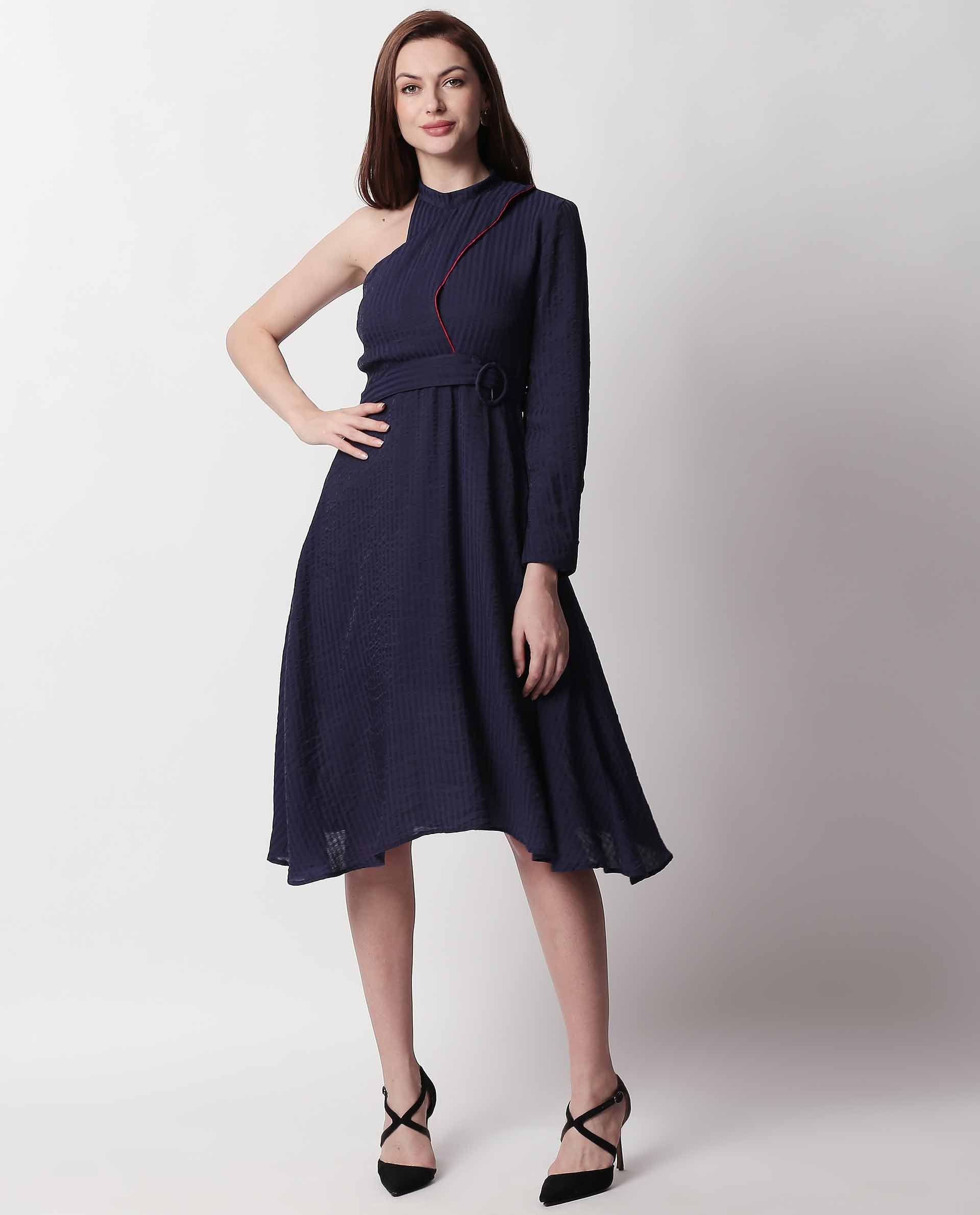 Rareism Women's Carnival Navy Tube Neck Plain Knee Length Regular Fit Dress - Image 5