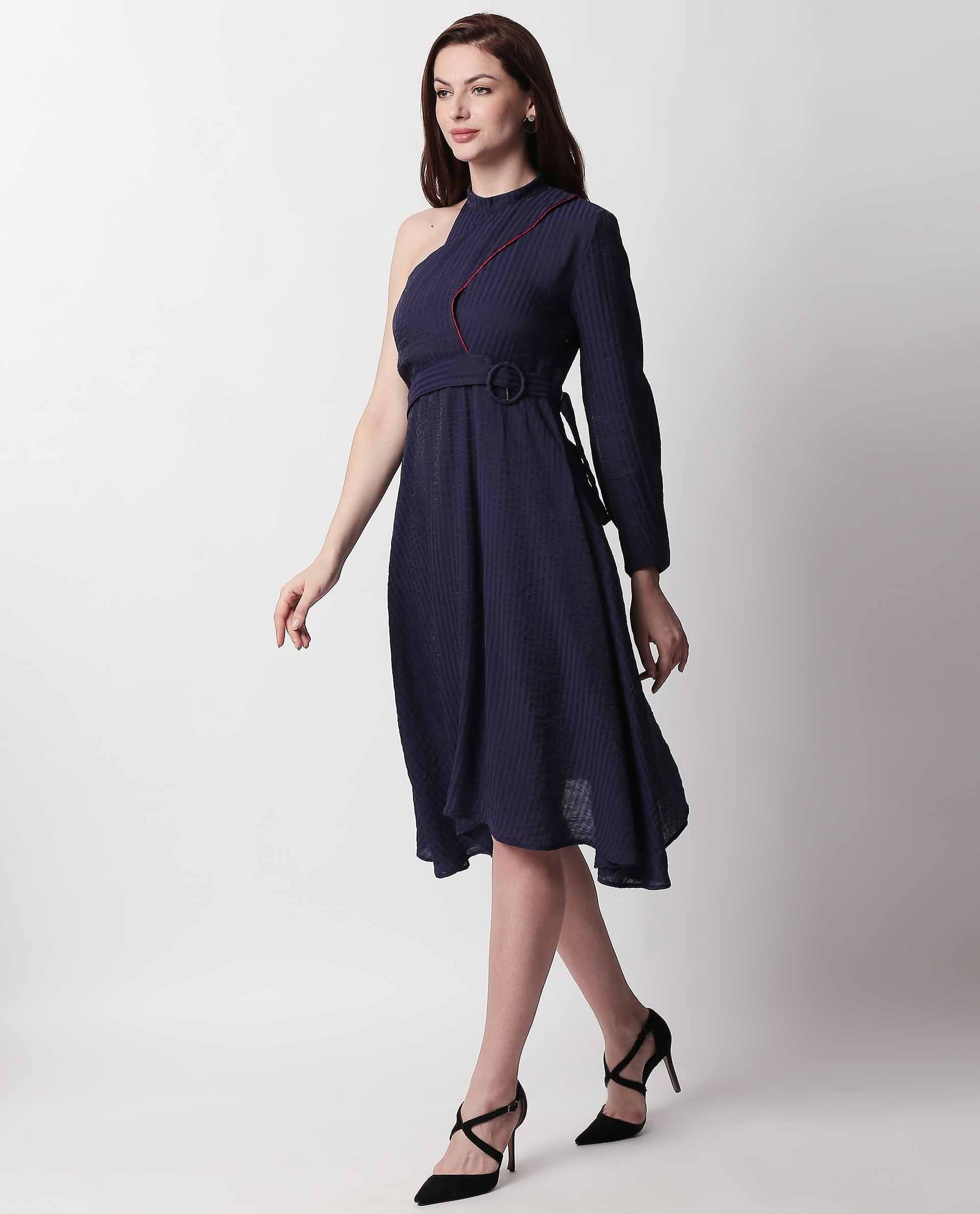 Rareism Women's Carnival Navy Tube Neck Plain Knee Length Regular Fit Dress - Image 7