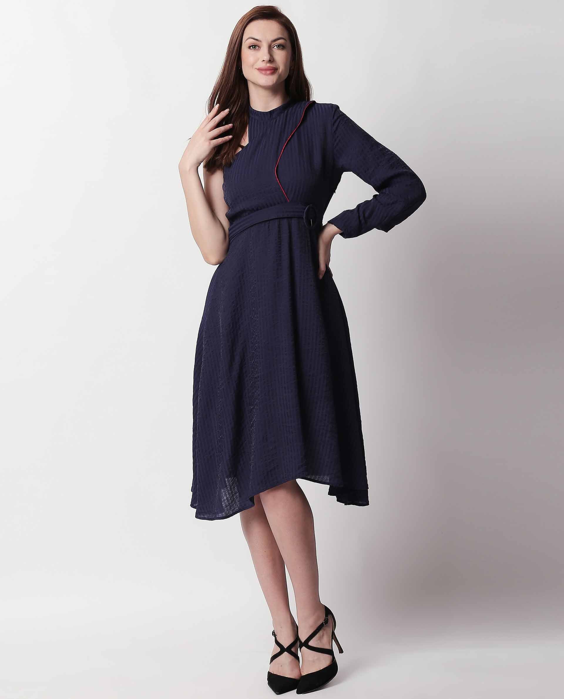 Rareism Women's Carnival Navy Tube Neck Plain Knee Length Regular Fit Dress - Image 8