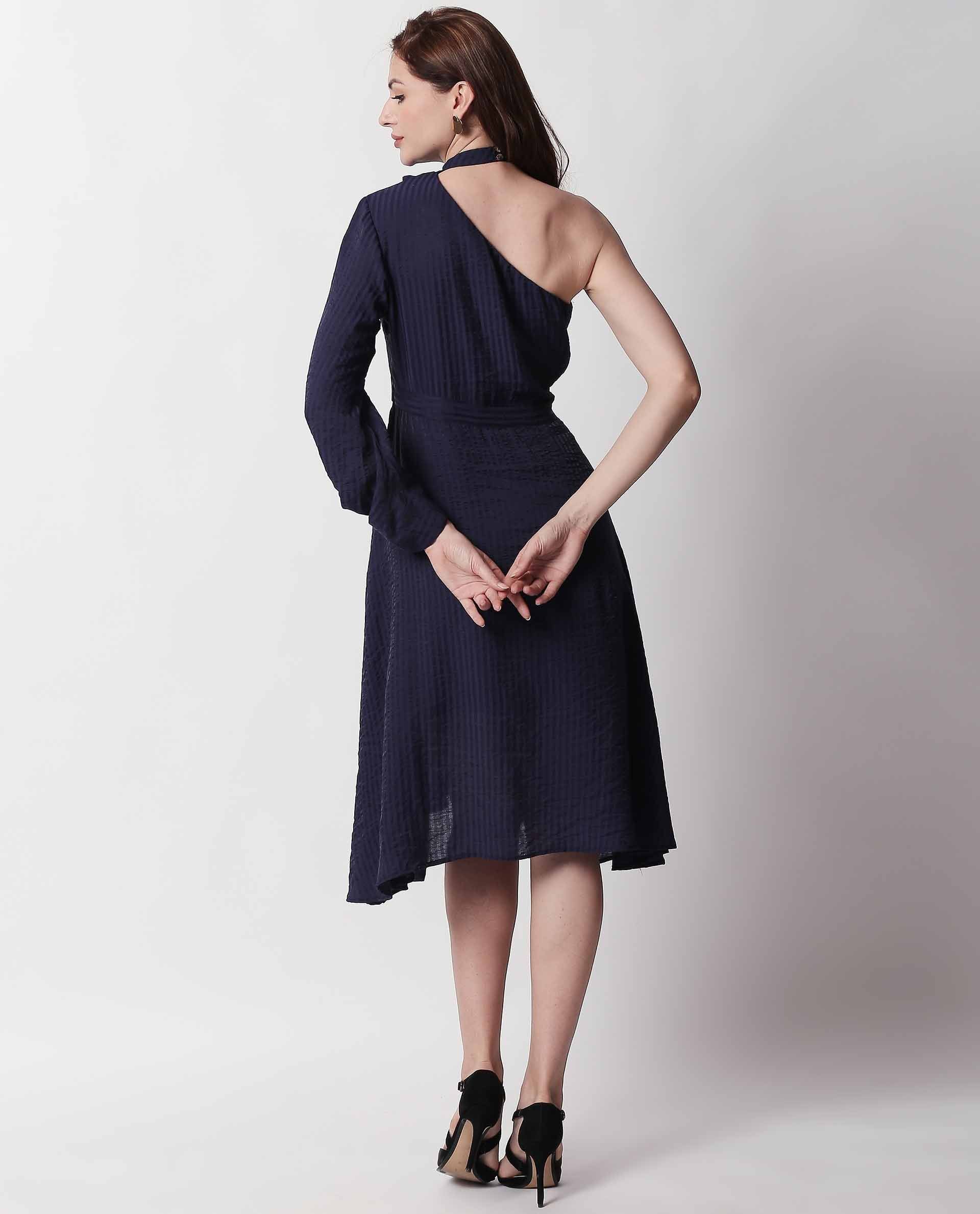 Rareism Women's Carnival Navy Tube Neck Plain Knee Length Regular Fit Dress - Image 9