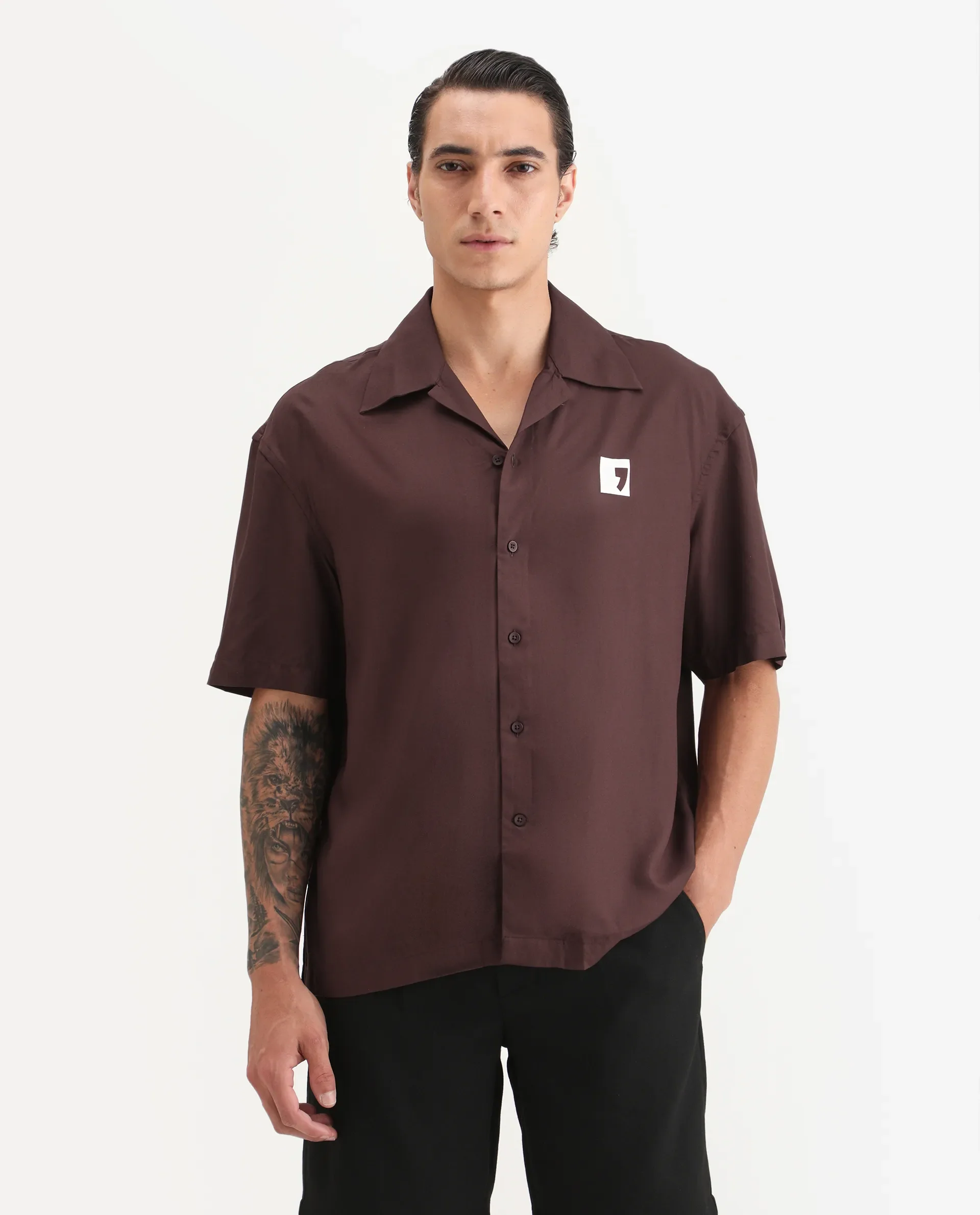 Rare Rabbit Men's Carn Ss Brown Cotton Graphic Print Oversized Fit Half Sleeve Collared Shirt - Image 4