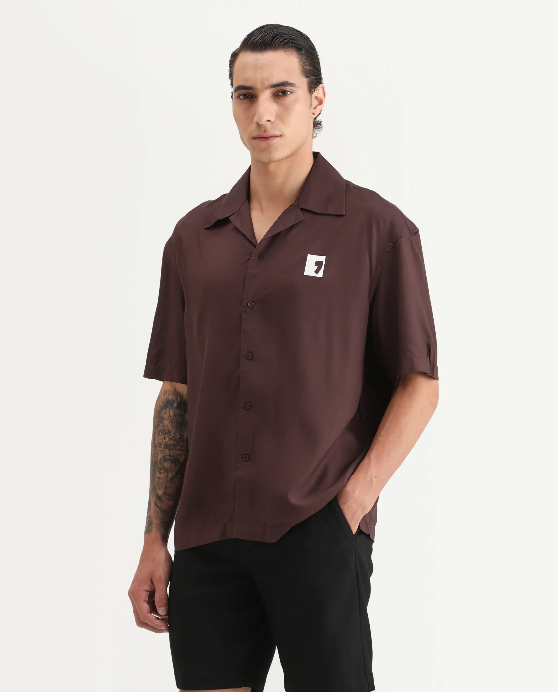 Rare Rabbit Men's Carn Ss Brown Cotton Graphic Print Oversized Fit Half Sleeve Collared Shirt - Image 5