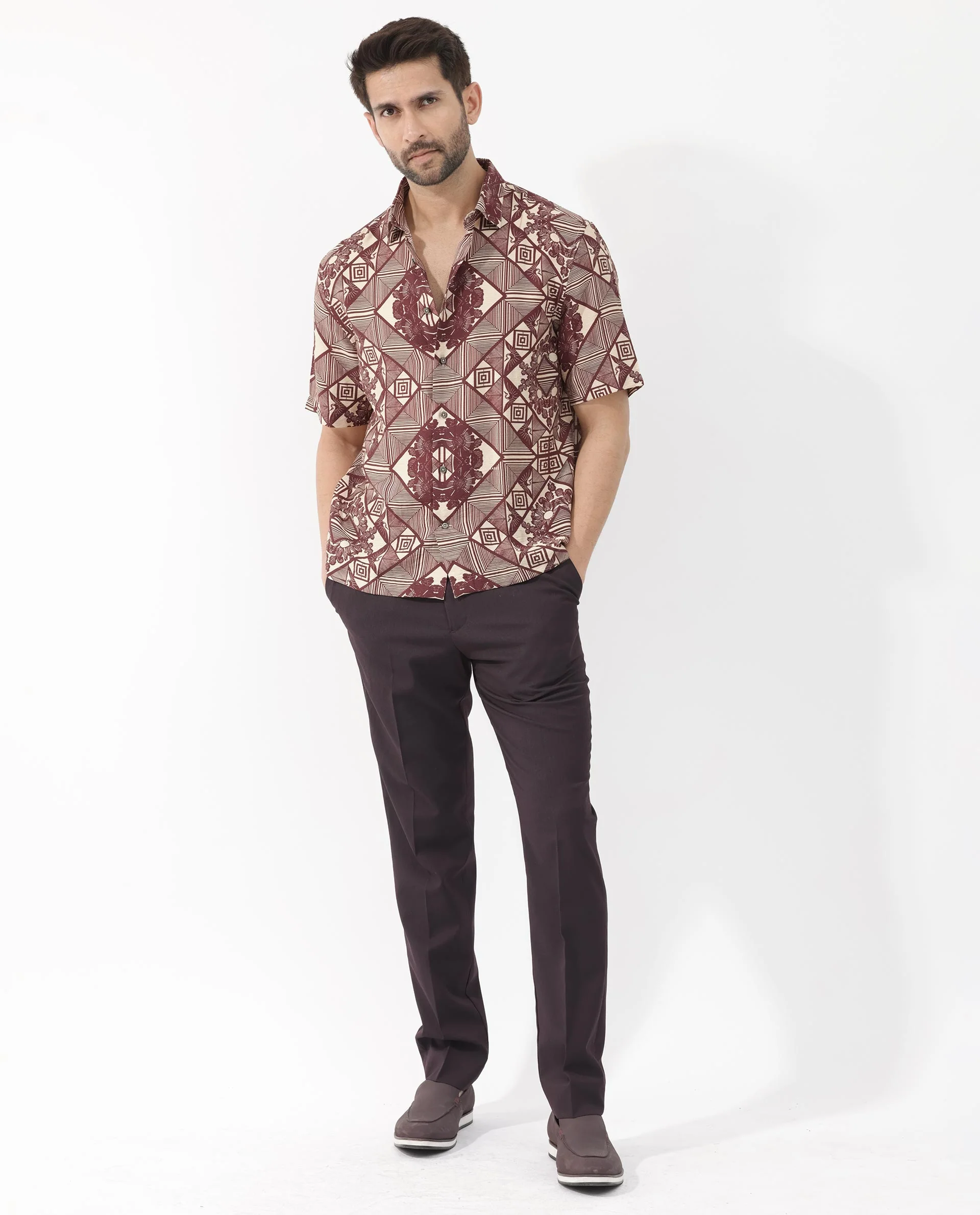 Rare Rabbit Men's Carno Dark Maroon Viscose Floral Print Boxy Fit Half Sleeve Collared Shirt - Image 2
