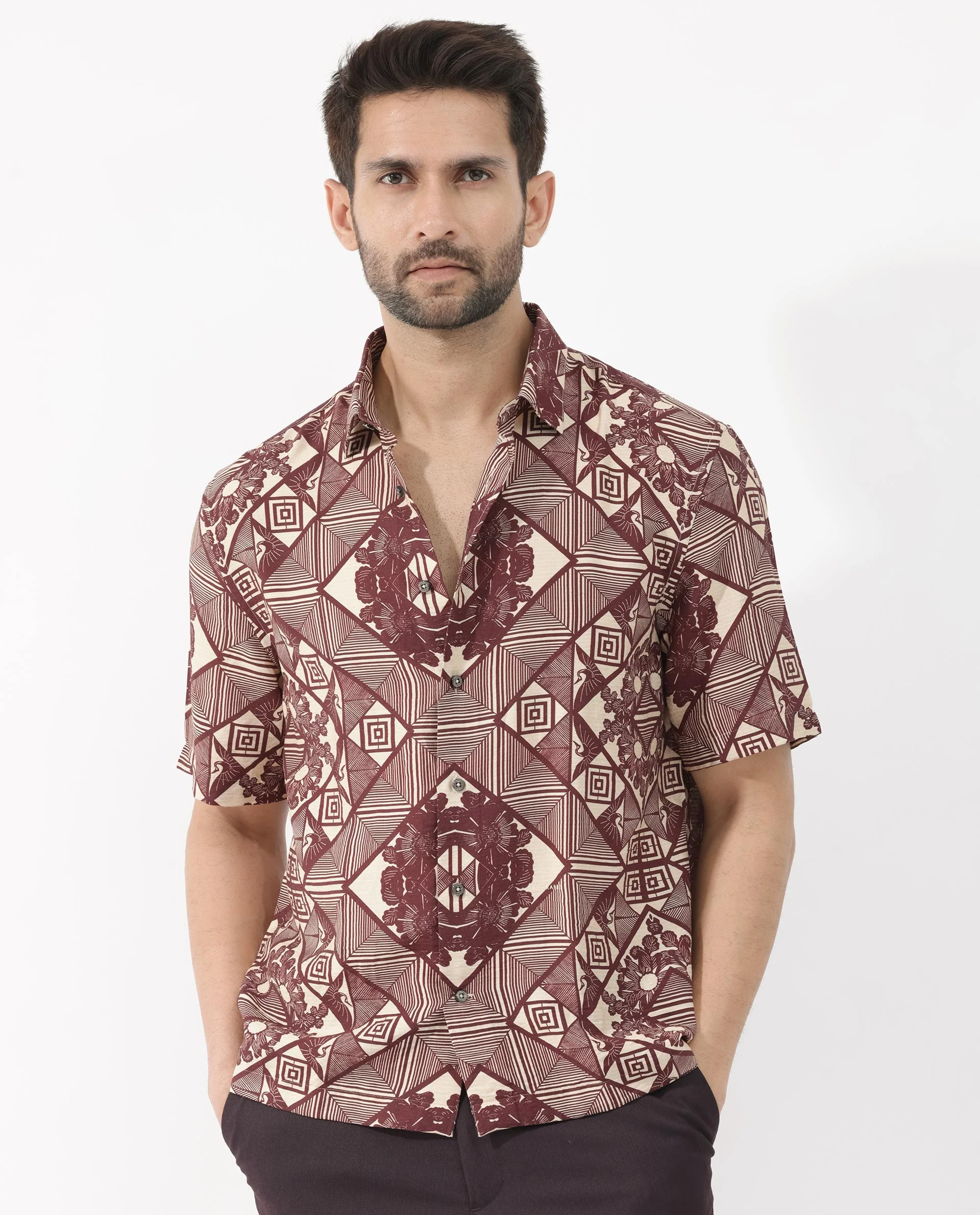 Rare Rabbit Men's Carno Dark Maroon Viscose Floral Print Boxy Fit Half Sleeve Collared Shirt - Image 3