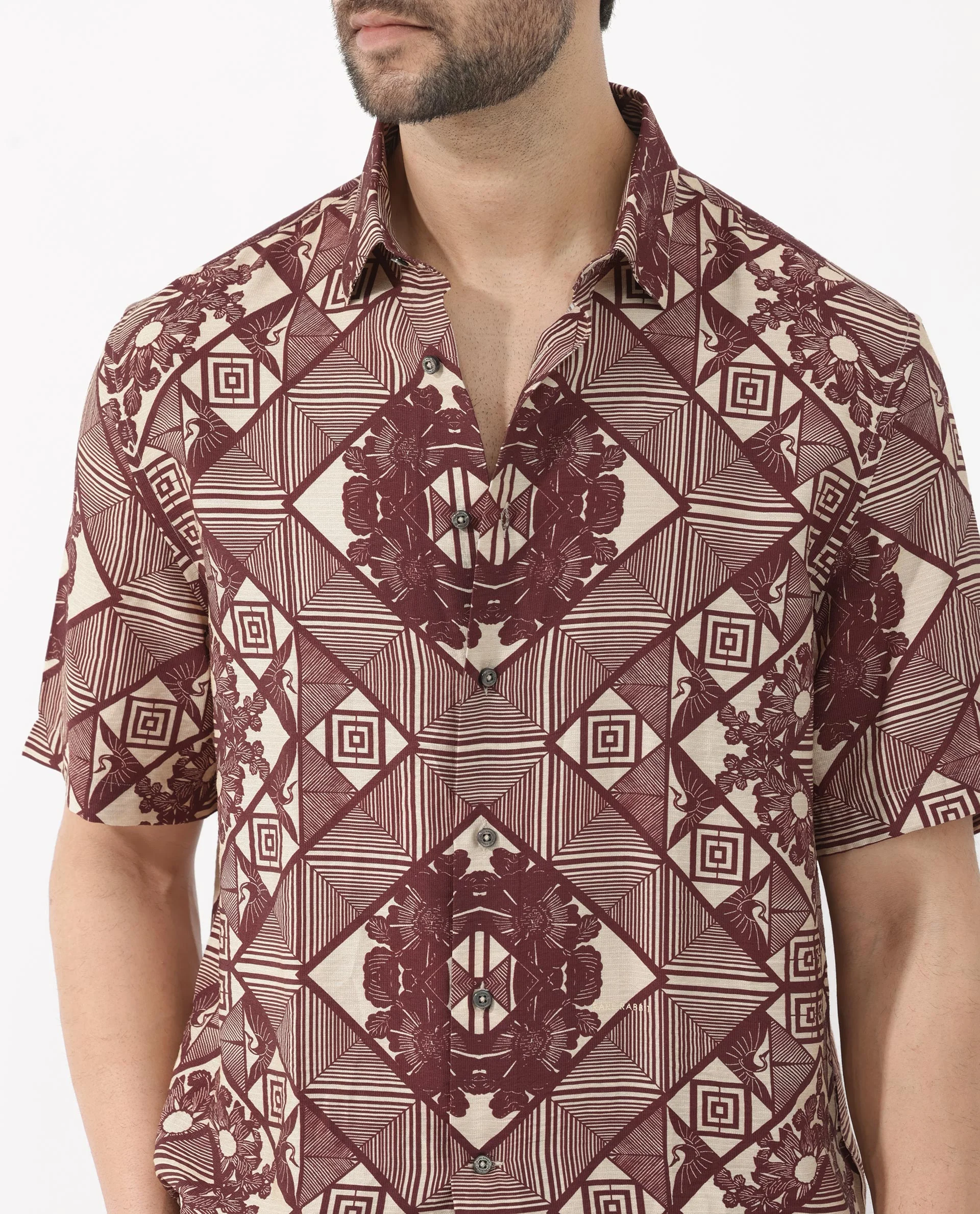 Rare Rabbit Men's Carno Dark Maroon Viscose Floral Print Boxy Fit Half Sleeve Collared Shirt - Image 4