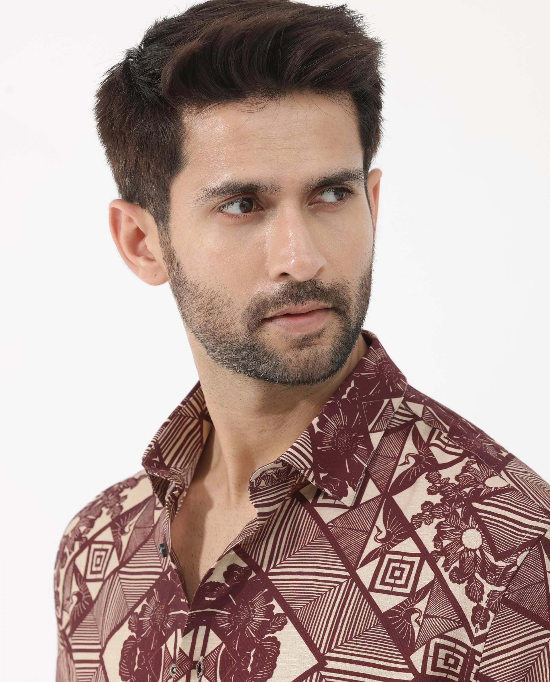 Rare Rabbit Men's Carno Dark Maroon Viscose Floral Print Boxy Fit Half Sleeve Collared Shirt - Image 5
