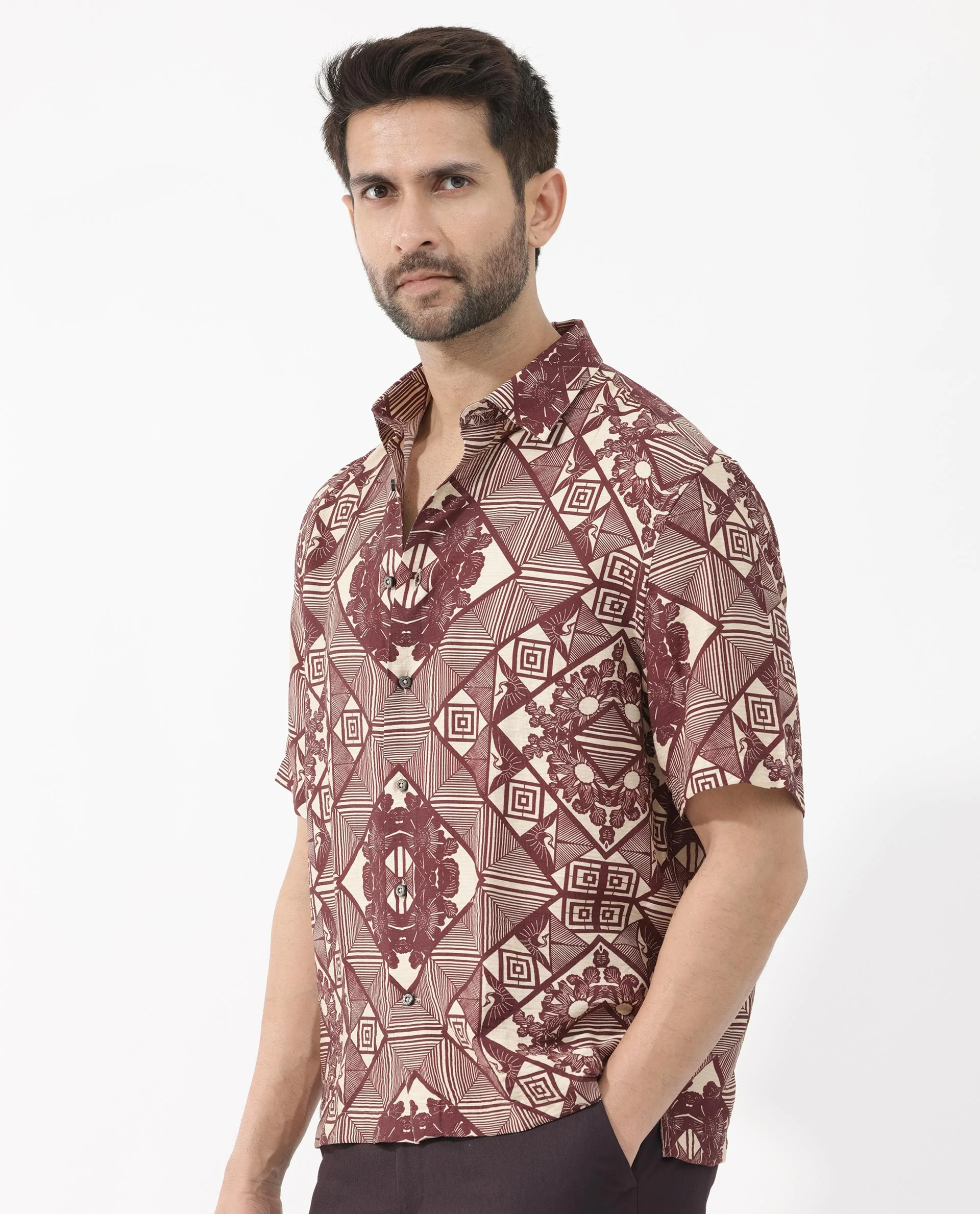 Rare Rabbit Men's Carno Dark Maroon Viscose Floral Print Boxy Fit Half Sleeve Collared Shirt - Image 6