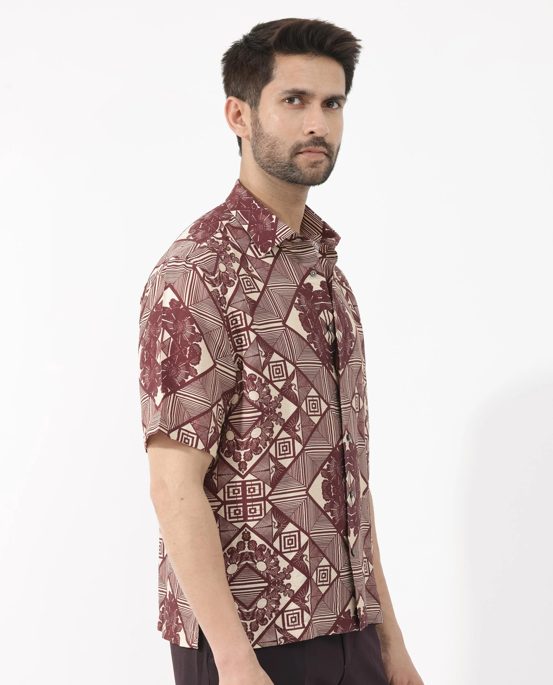 Rare Rabbit Men's Carno Dark Maroon Viscose Floral Print Boxy Fit Half Sleeve Collared Shirt - Image 7