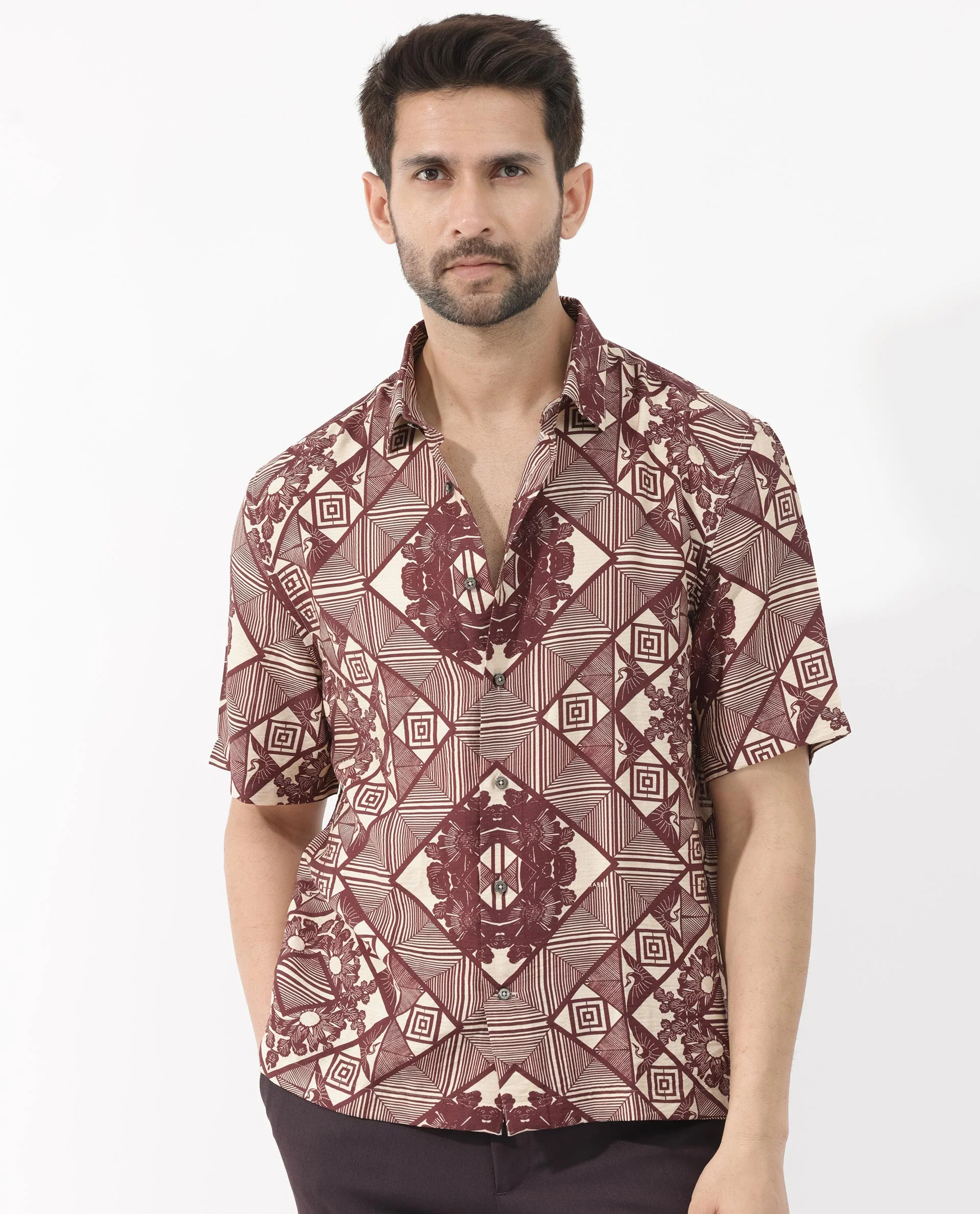 Rare Rabbit Men's Carno Dark Maroon Viscose Floral Print Boxy Fit Half Sleeve Collared Shirt - Image 8