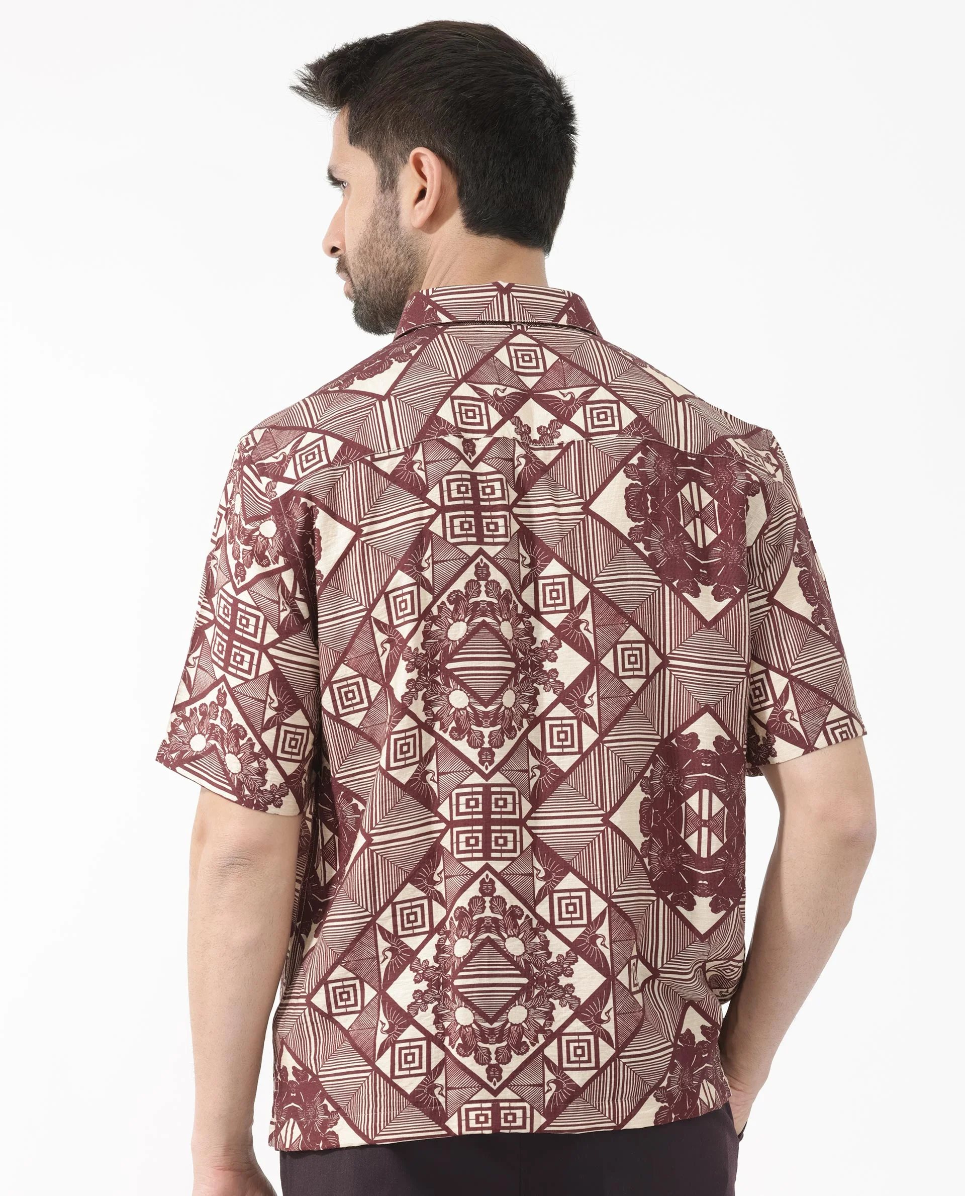 Rare Rabbit Men's Carno Dark Maroon Viscose Floral Print Boxy Fit Half Sleeve Collared Shirt - Image 9
