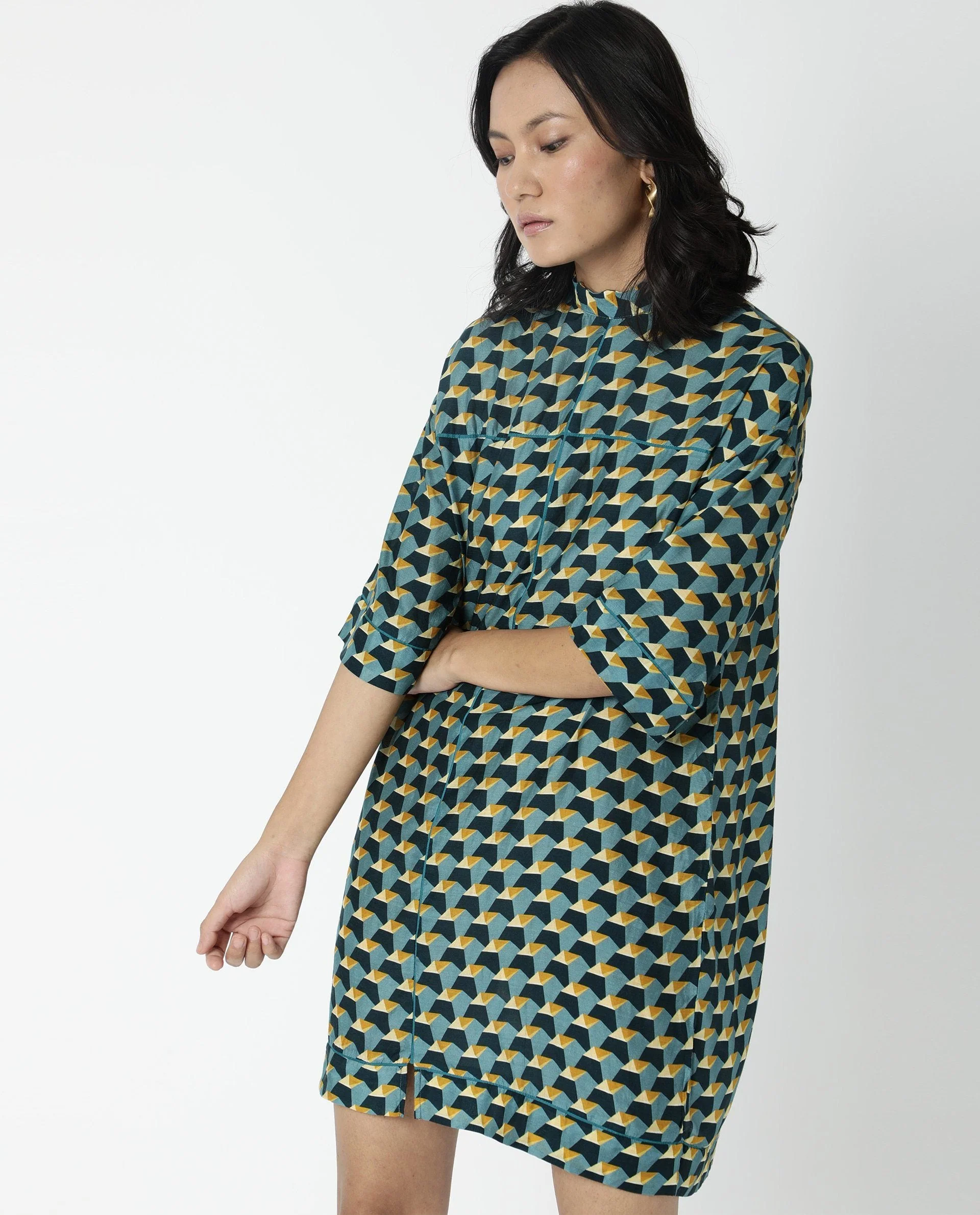 Rareism Womens Carny Mustard Dress Cotton Silk Fabric Boxy Fit Knee Length - Image 3