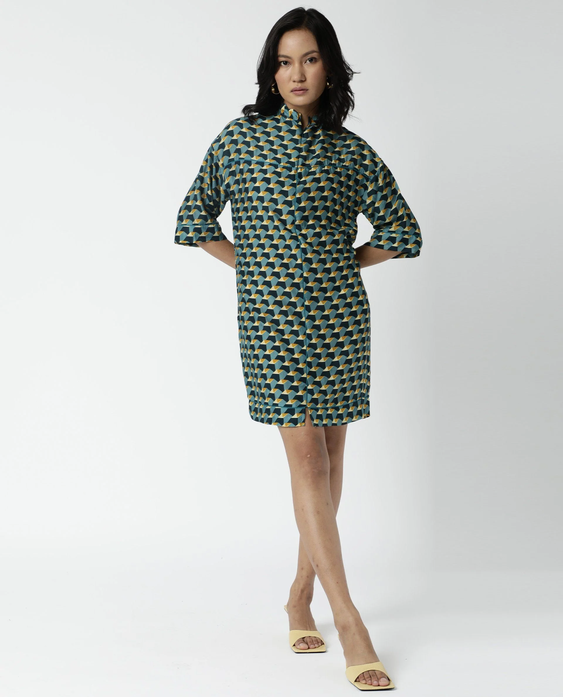 Rareism Womens Carny Mustard Dress Cotton Silk Fabric Boxy Fit Knee Length - Image 4