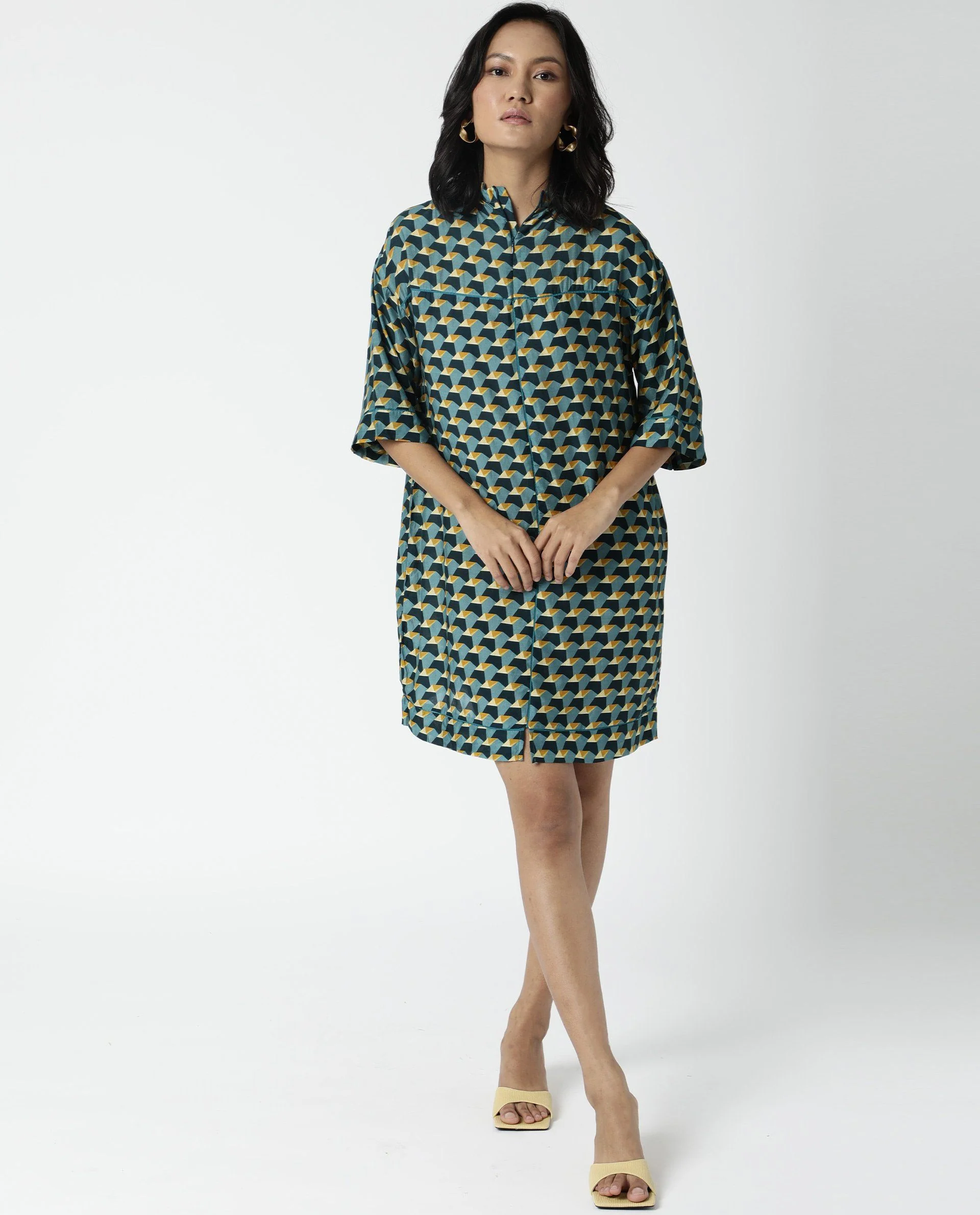 Rareism Womens Carny Mustard Dress Cotton Silk Fabric Boxy Fit Knee Length - Image 5