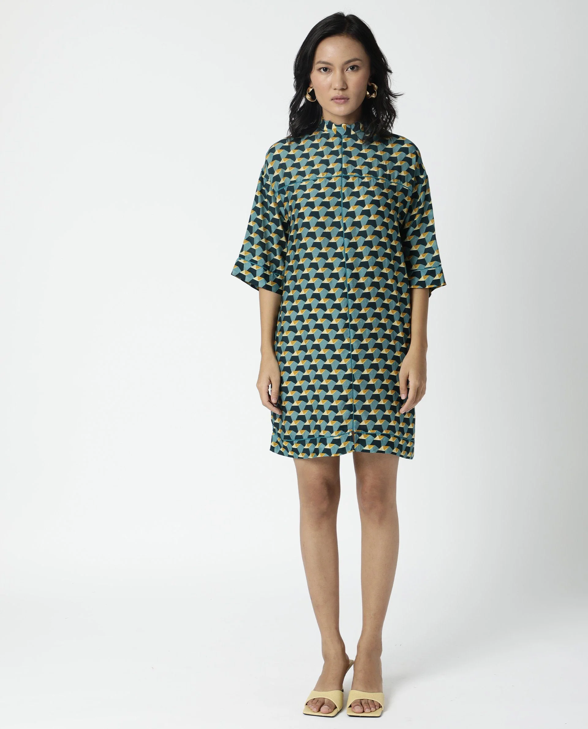 Rareism Womens Carny Mustard Dress Cotton Silk Fabric Boxy Fit Knee Length - Image 6