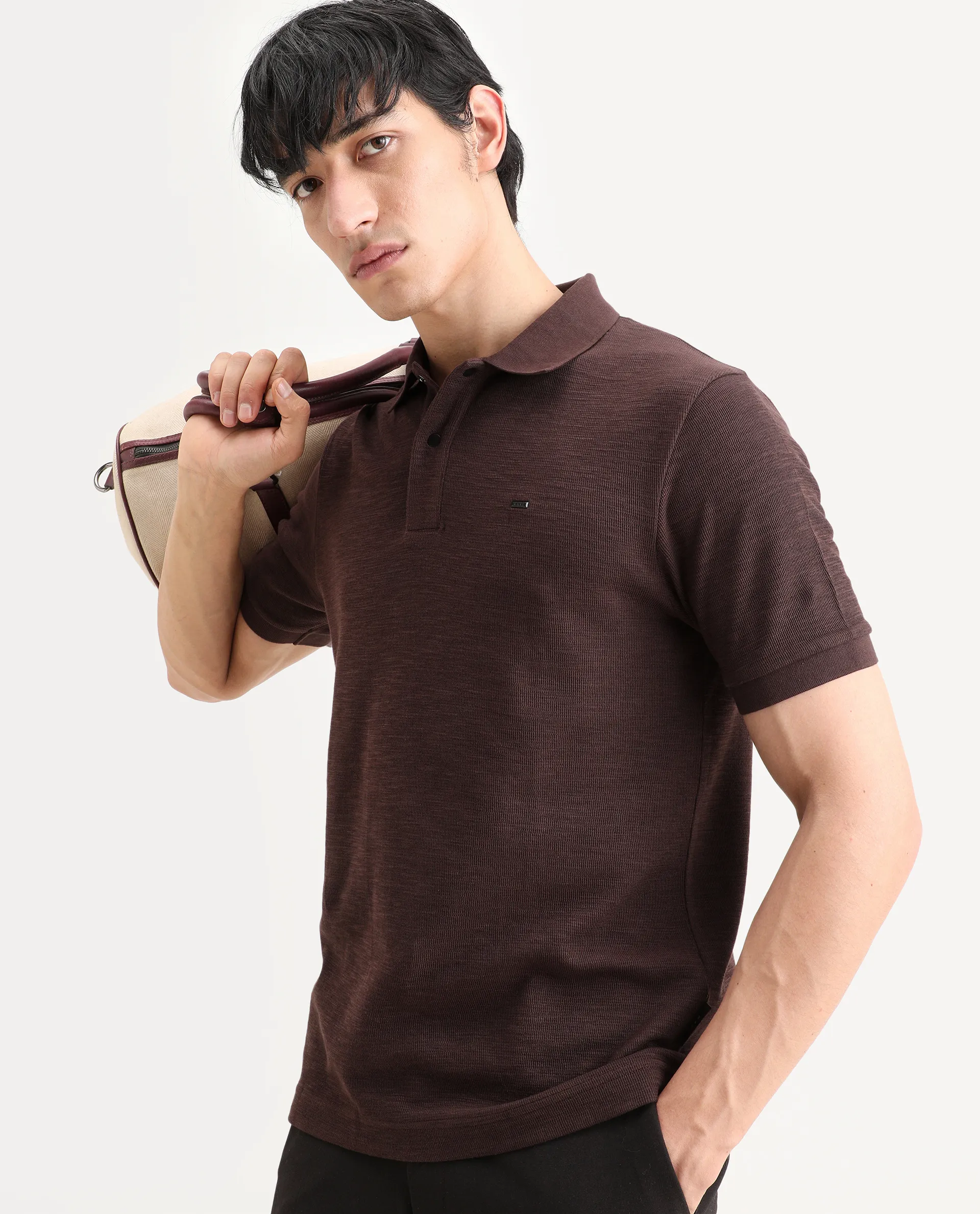 Rare Rabbit Men's Caro Brown Cotton Fabric Spread Collar Regular Fit Plain Polo