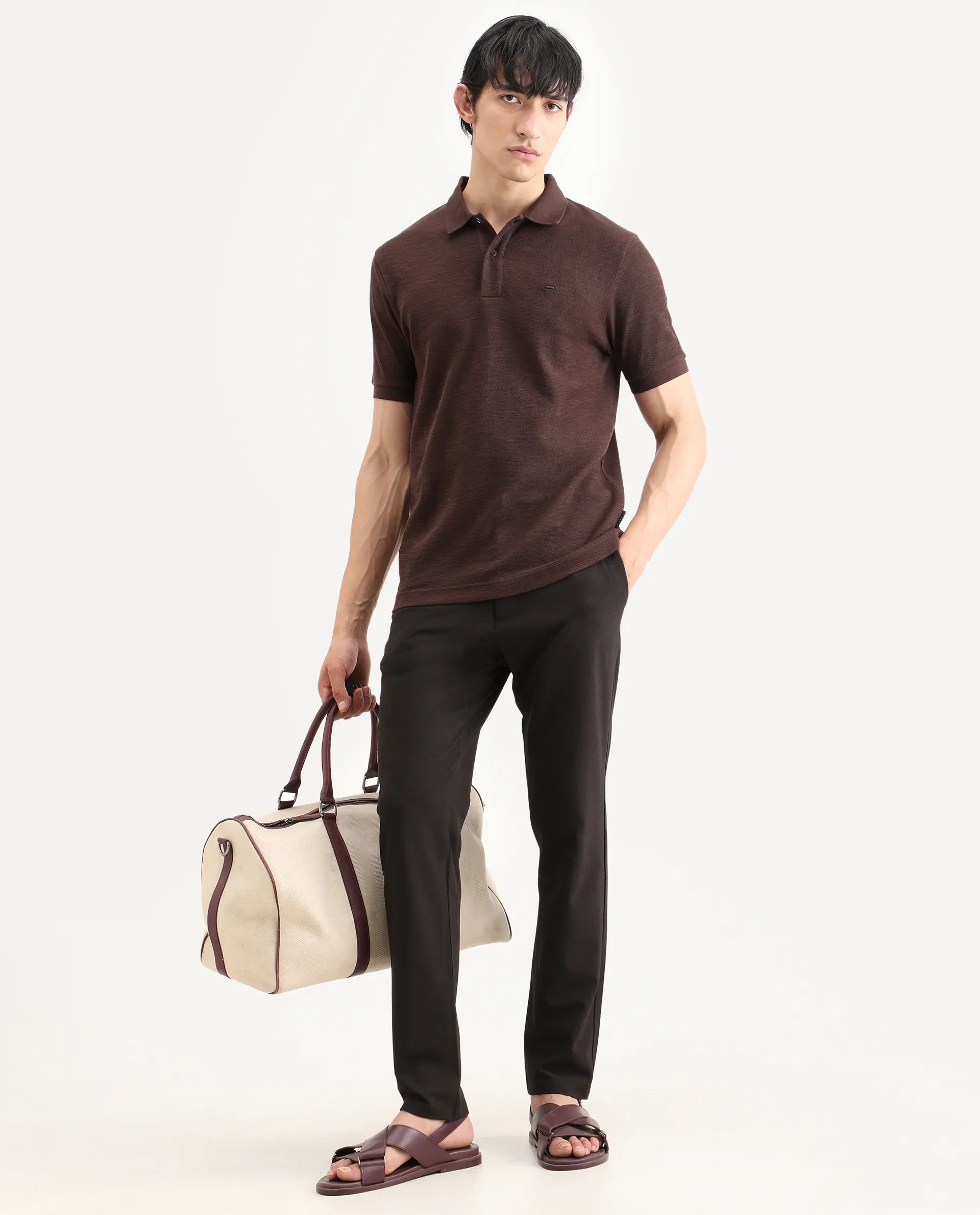 Rare Rabbit Men's Caro Brown Cotton Fabric Spread Collar Regular Fit Plain Polo - Image 2