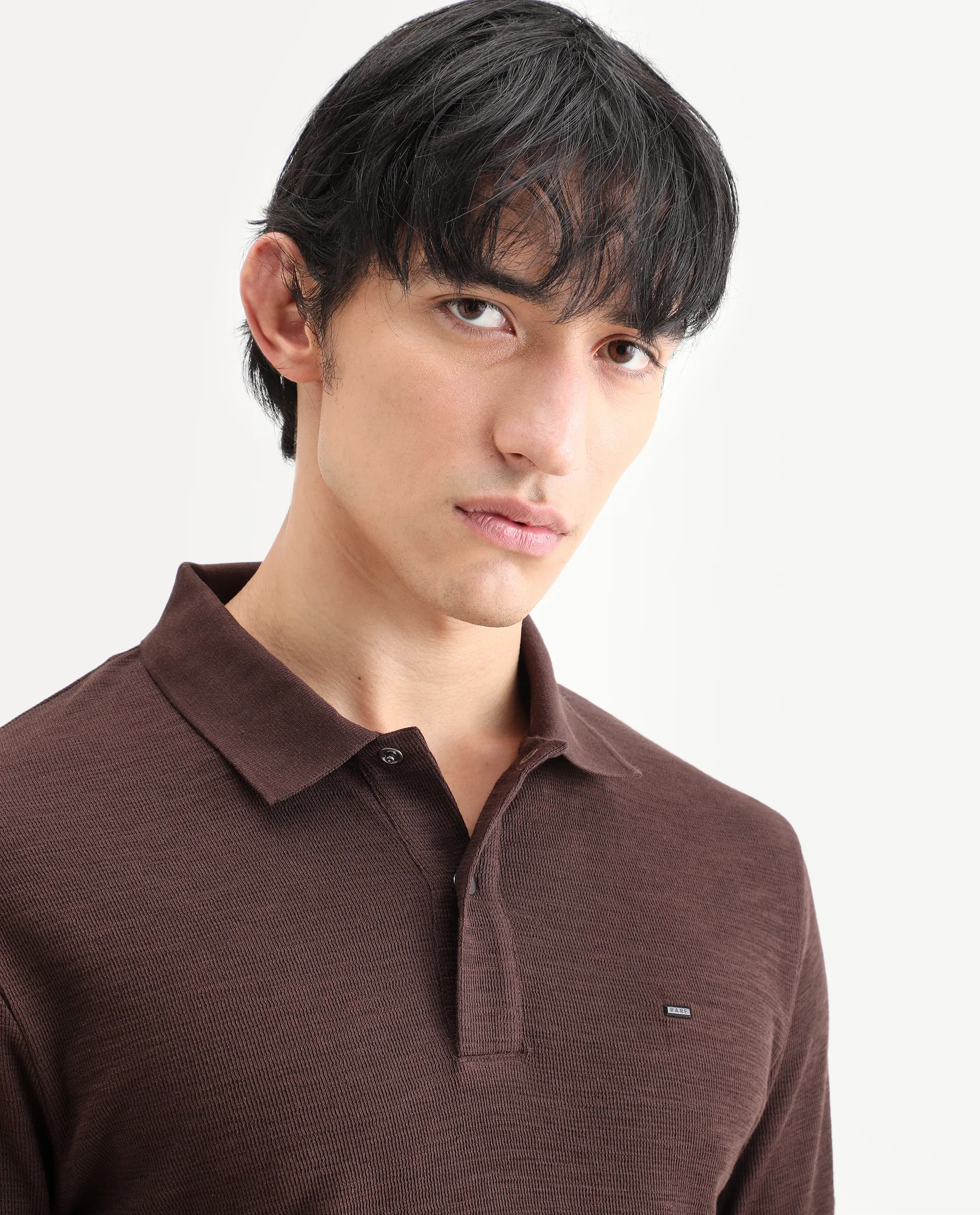 Rare Rabbit Men's Caro Brown Cotton Fabric Spread Collar Regular Fit Plain Polo - Image 3