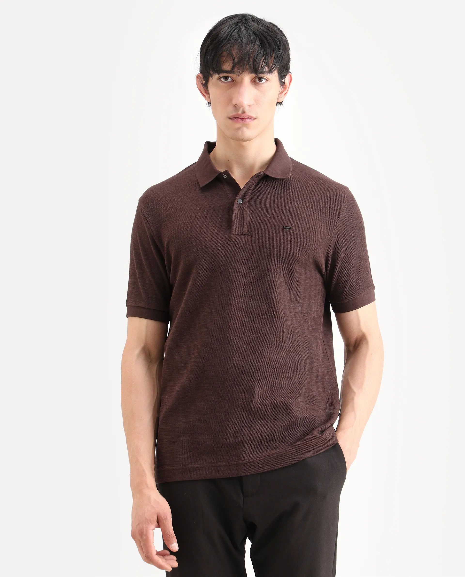 Rare Rabbit Men's Caro Brown Cotton Fabric Spread Collar Regular Fit Plain Polo - Image 4