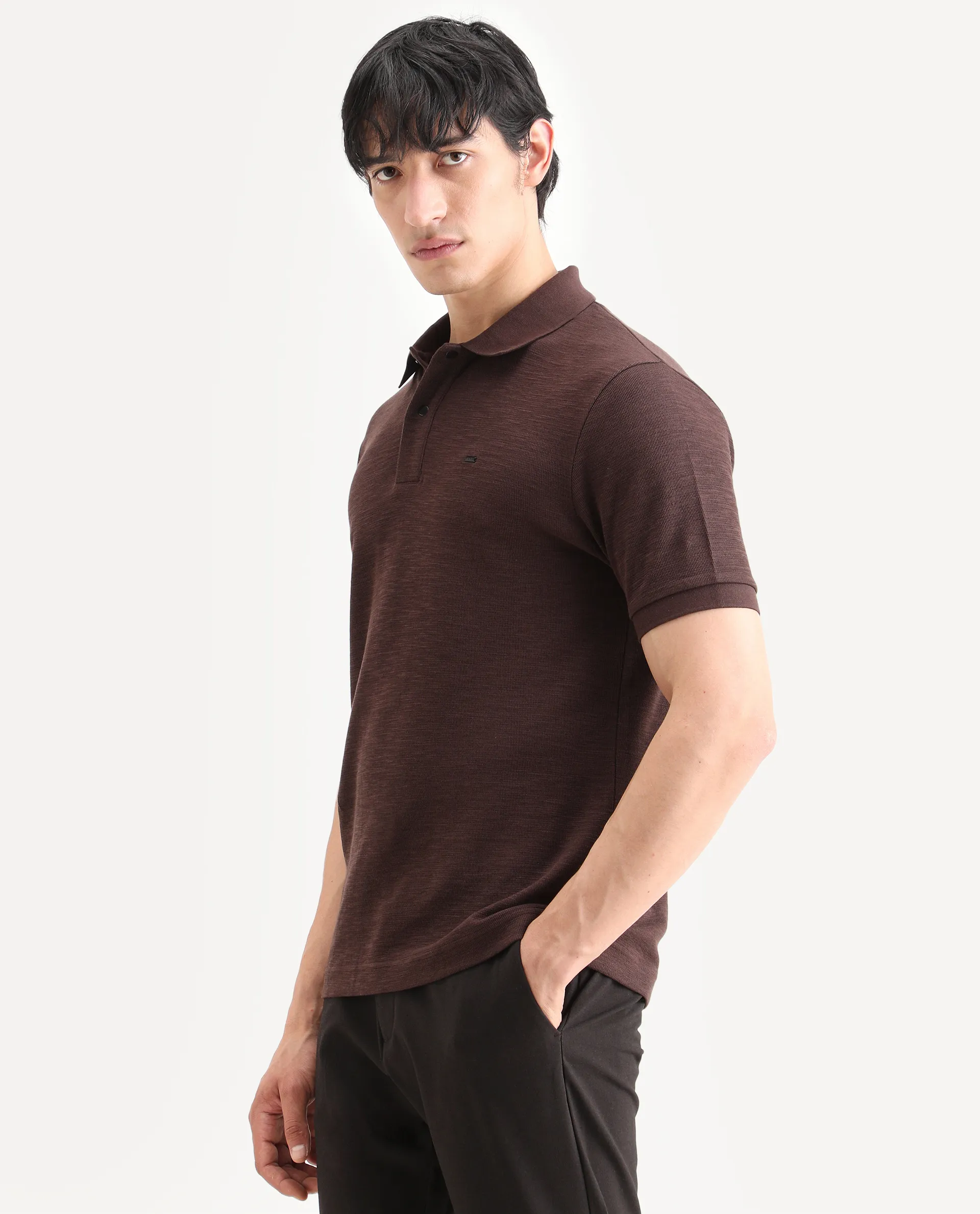 Rare Rabbit Men's Caro Brown Cotton Fabric Spread Collar Regular Fit Plain Polo - Image 5