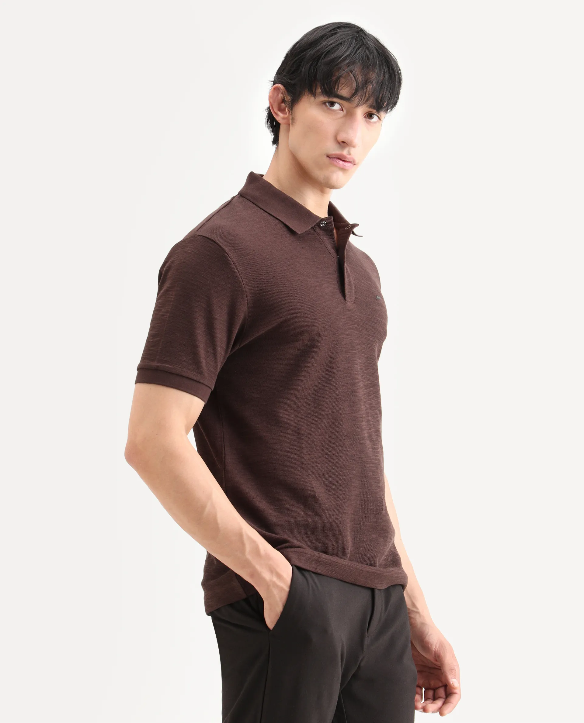 Rare Rabbit Men's Caro Brown Cotton Fabric Spread Collar Regular Fit Plain Polo - Image 6