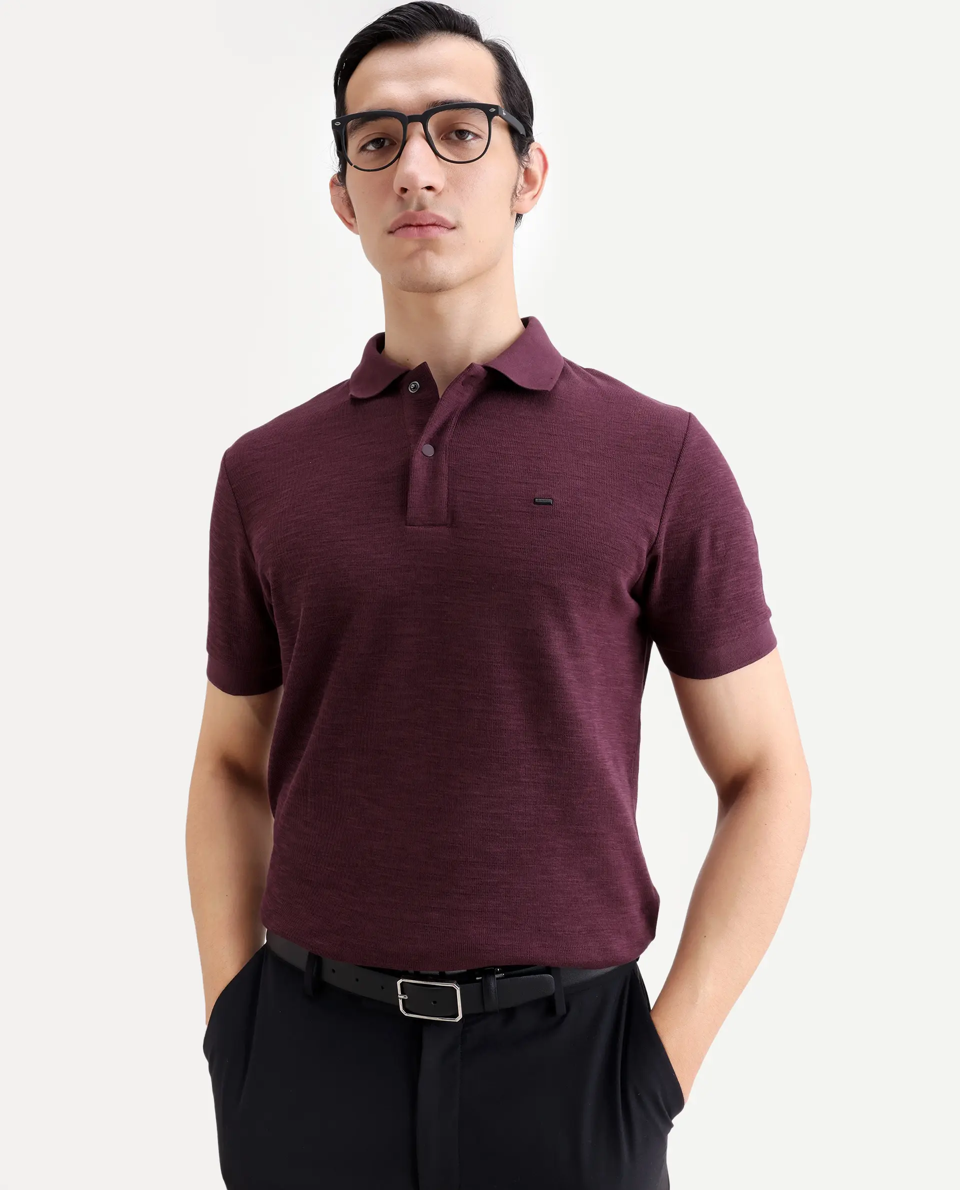 Rare Rabbit Men's Caro Maroon Cotton Fabric Spread Collar Regular Fit Plain Polo
