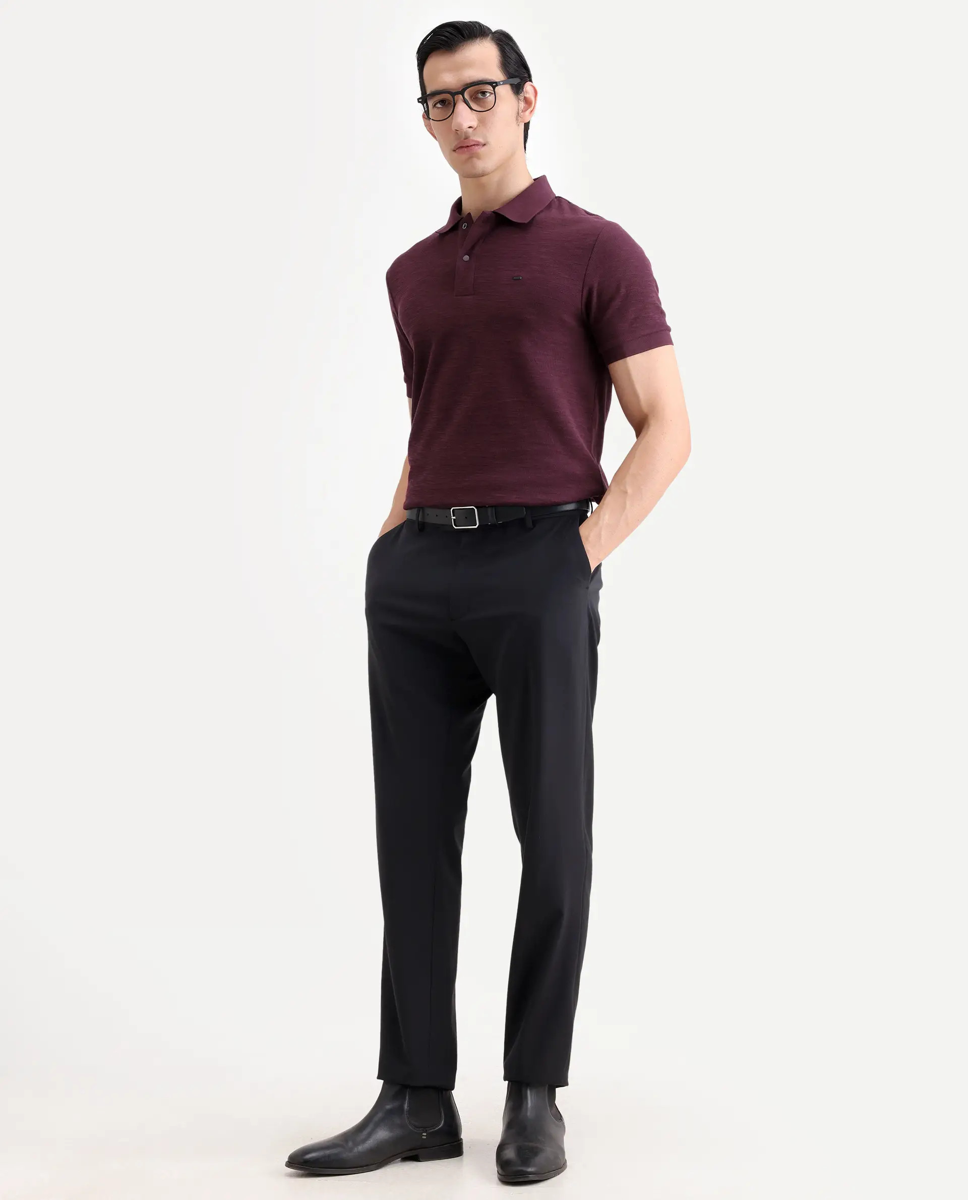 Rare Rabbit Men's Caro Maroon Cotton Fabric Spread Collar Regular Fit Plain Polo - Image 2