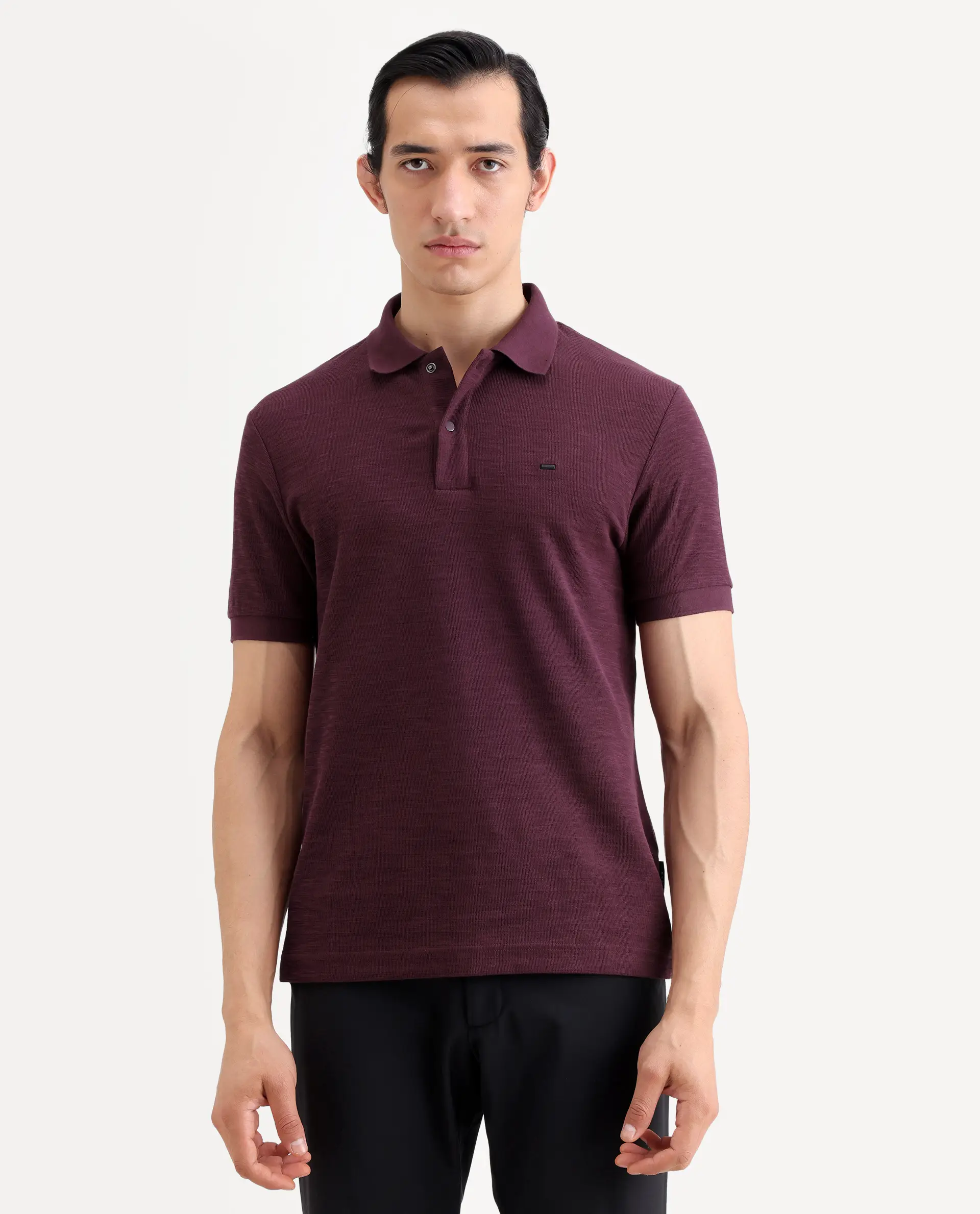 Rare Rabbit Men's Caro Maroon Cotton Fabric Spread Collar Regular Fit Plain Polo - Image 4
