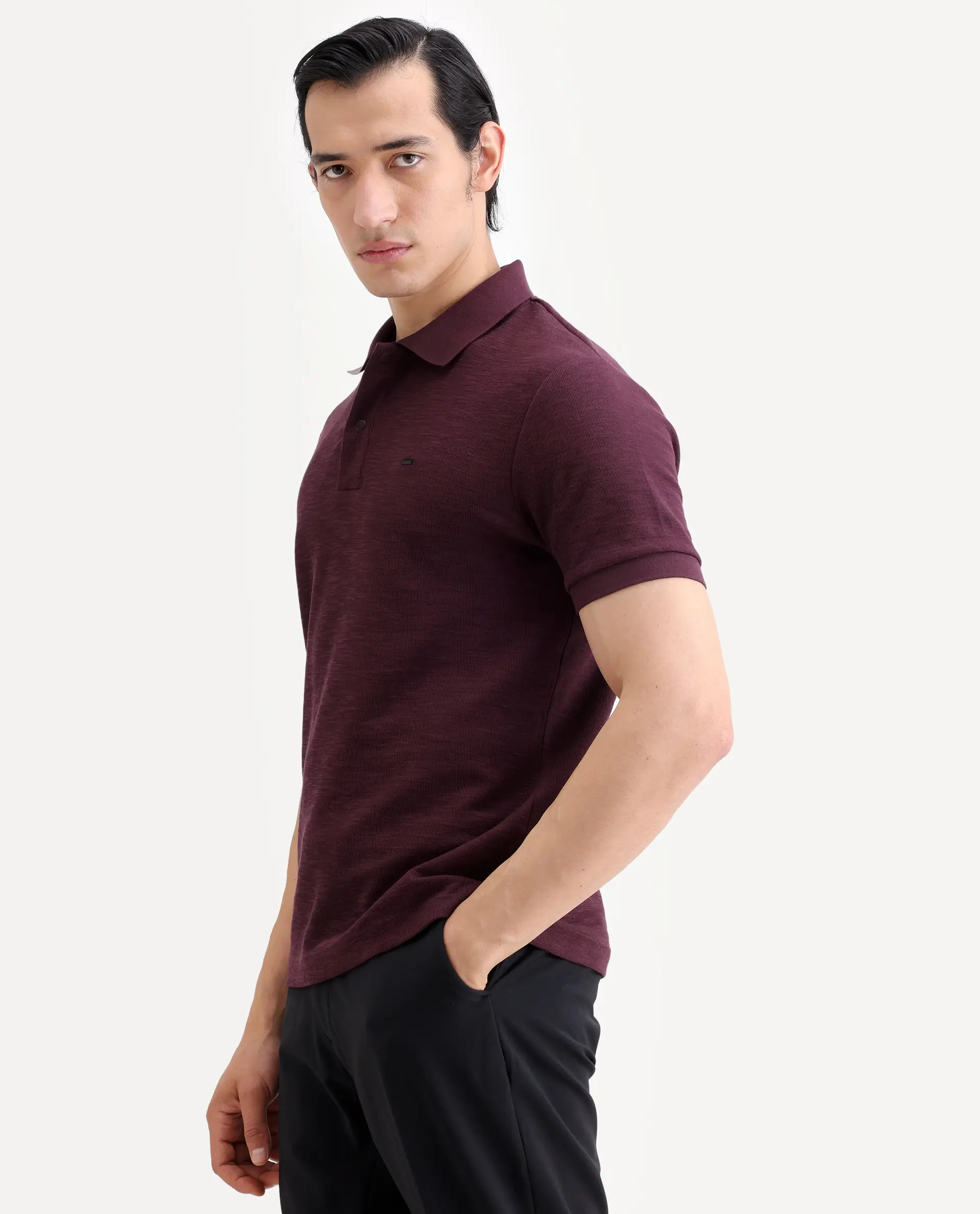 Rare Rabbit Men's Caro Maroon Cotton Fabric Spread Collar Regular Fit Plain Polo - Image 5