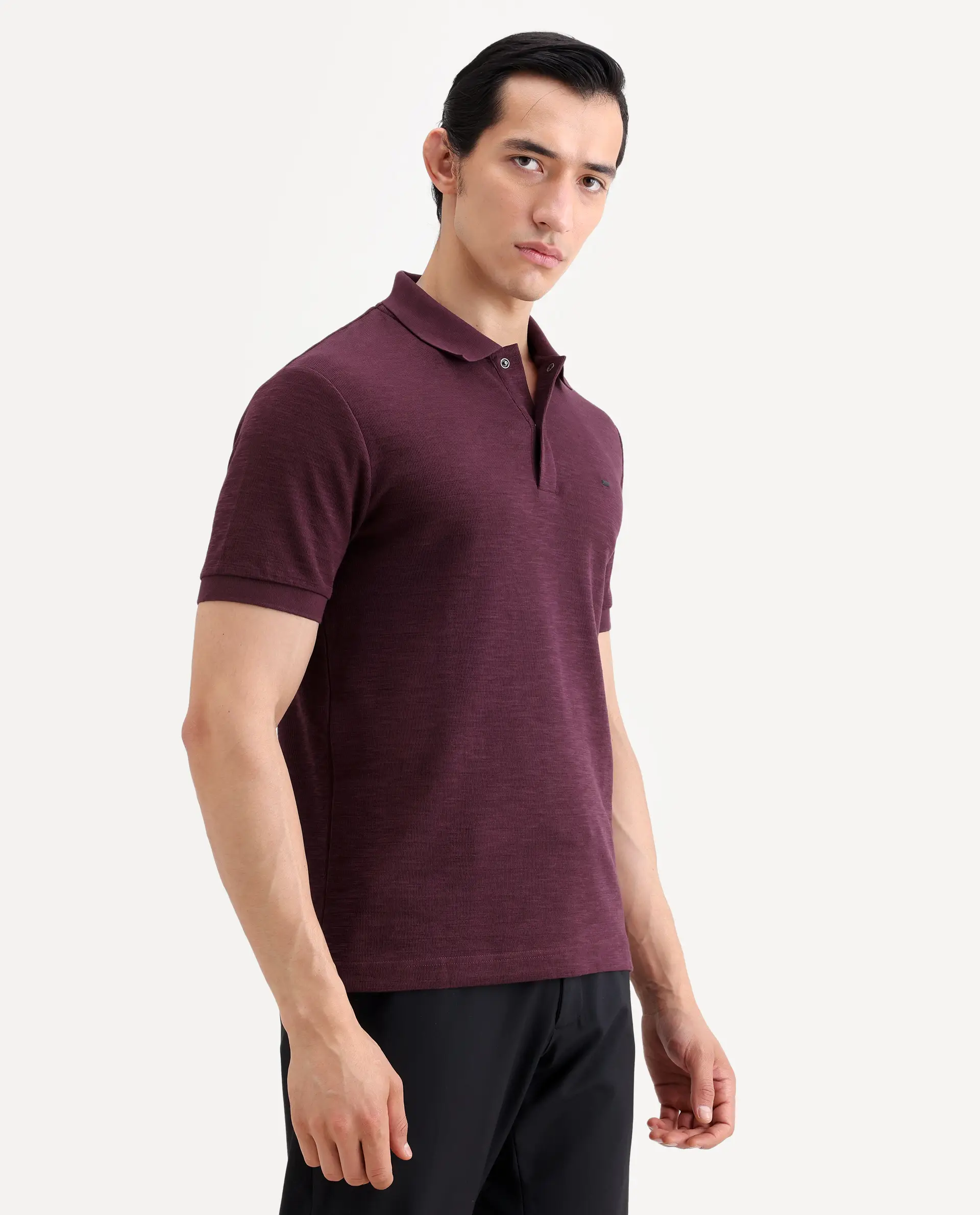 Rare Rabbit Men's Caro Maroon Cotton Fabric Spread Collar Regular Fit Plain Polo - Image 6