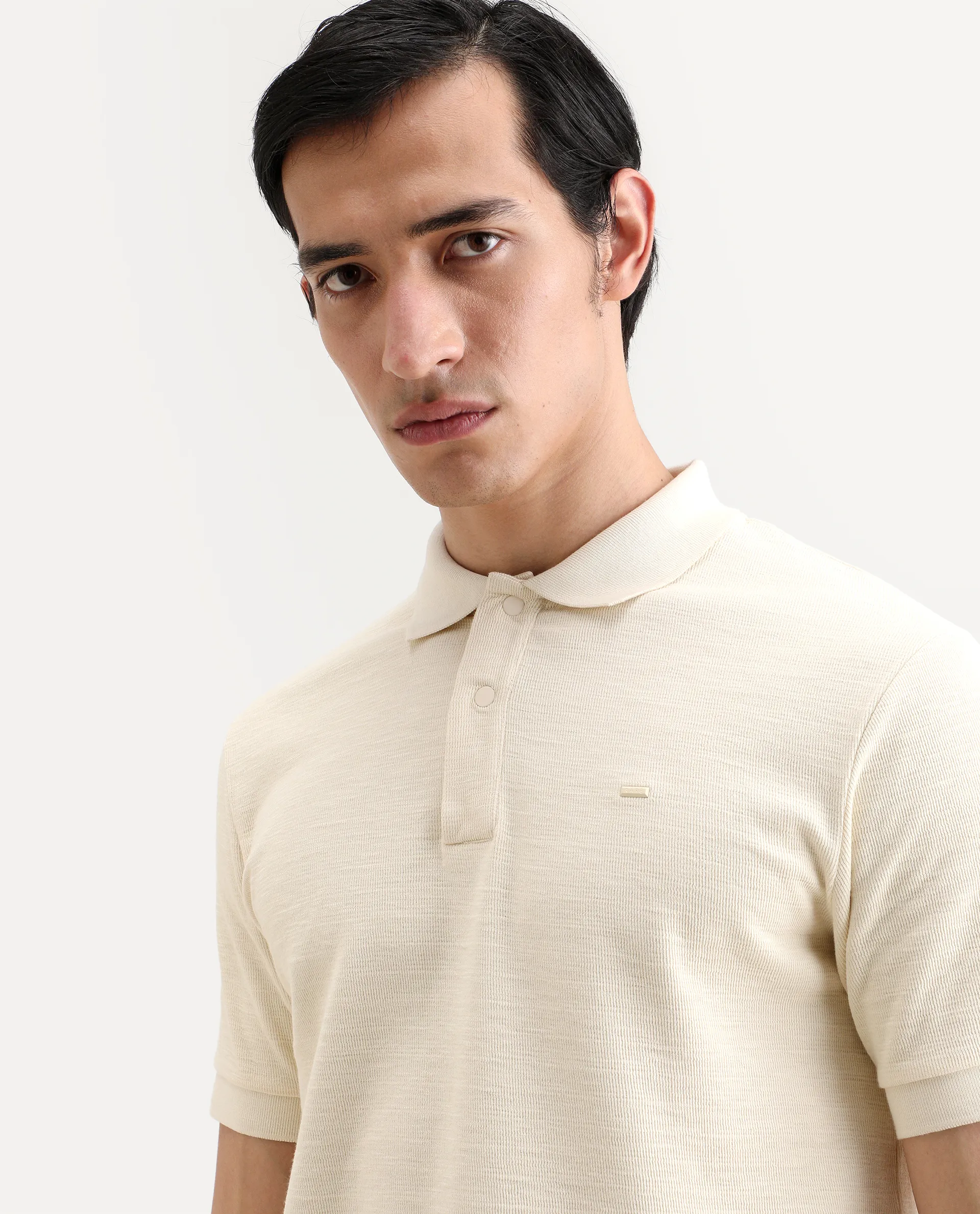 Rare Rabbit Men's Caro Pastel Yellow Cotton Fabric Spread Collar Regular Fit Plain Polo - Image 3