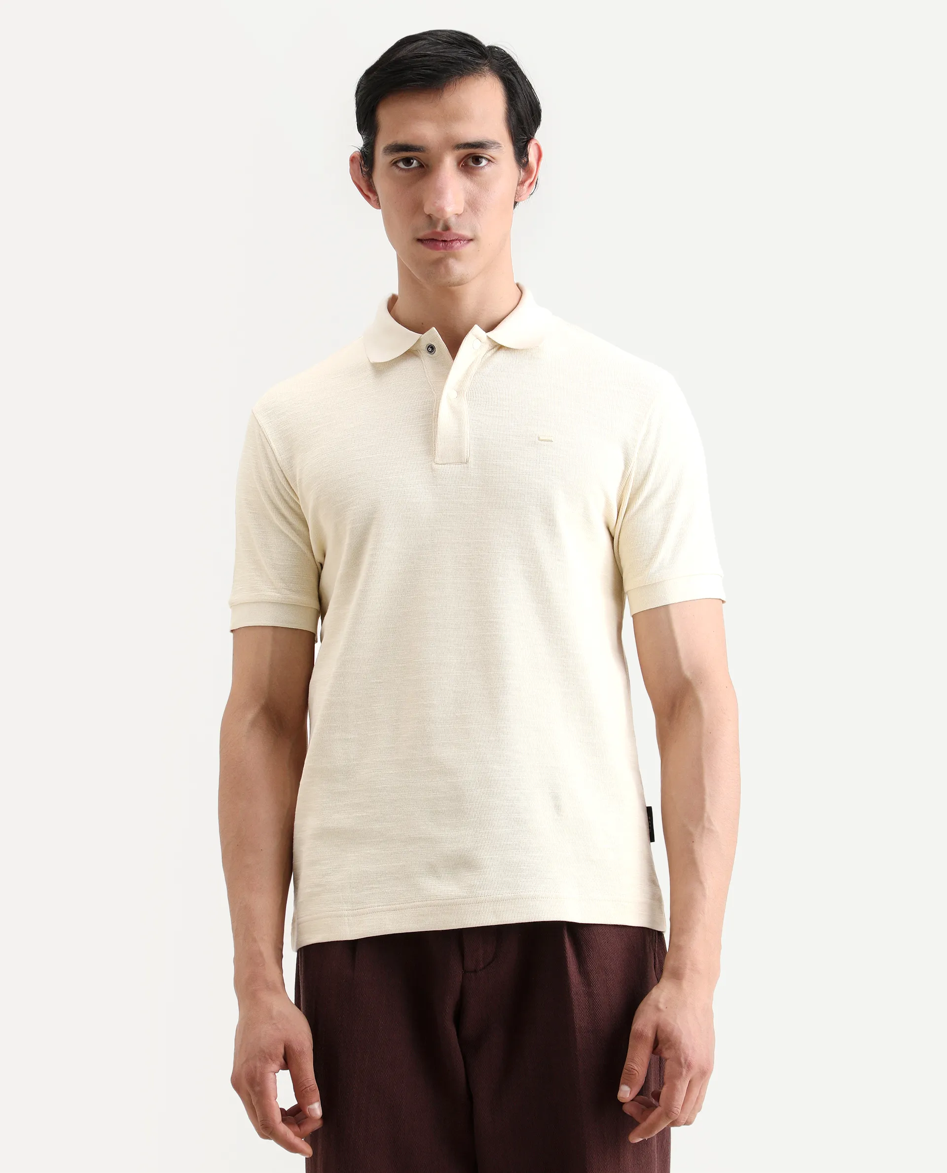 Rare Rabbit Men's Caro Pastel Yellow Cotton Fabric Spread Collar Regular Fit Plain Polo - Image 4