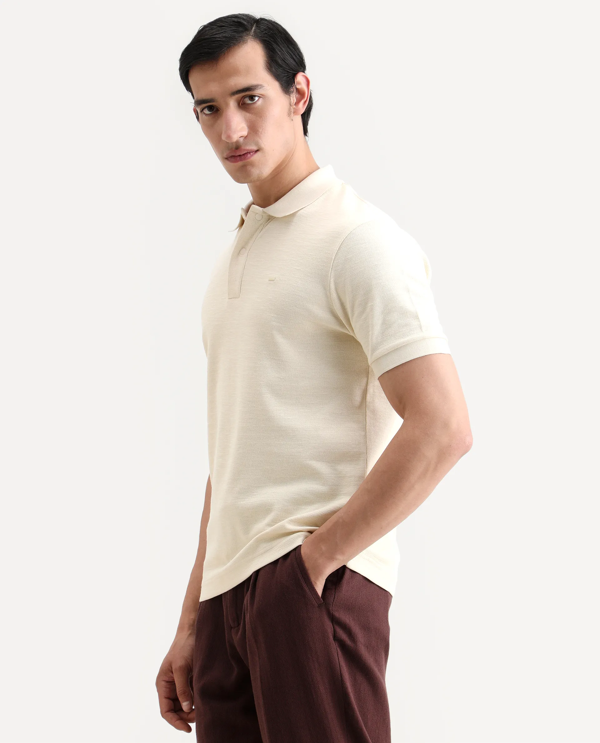 Rare Rabbit Men's Caro Pastel Yellow Cotton Fabric Spread Collar Regular Fit Plain Polo - Image 5
