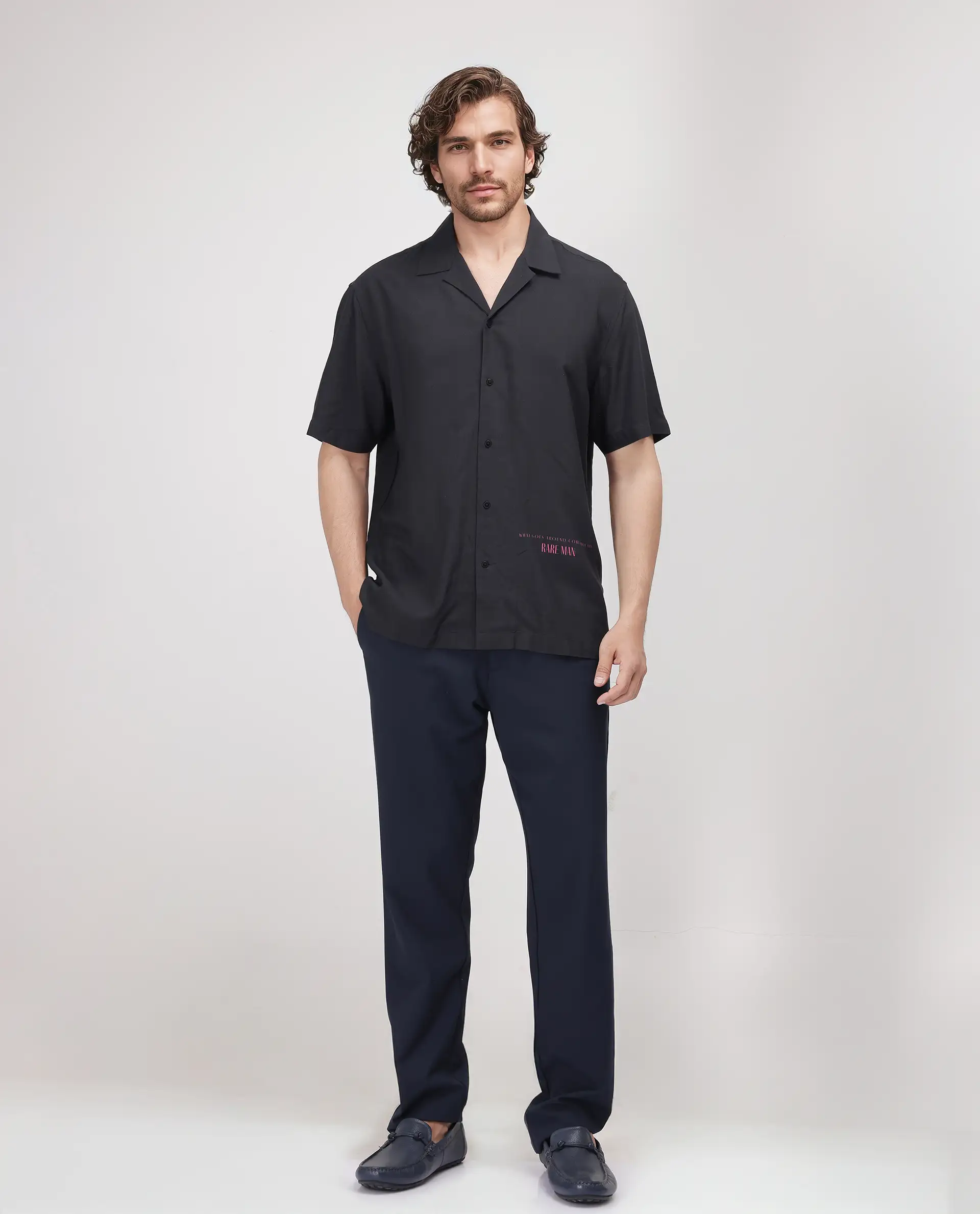Rare Rabbit Men's Caro-S Black Cotton Graphic Print Boxy Fit Half Sleeve Cuban Collar Shirt - Image 2