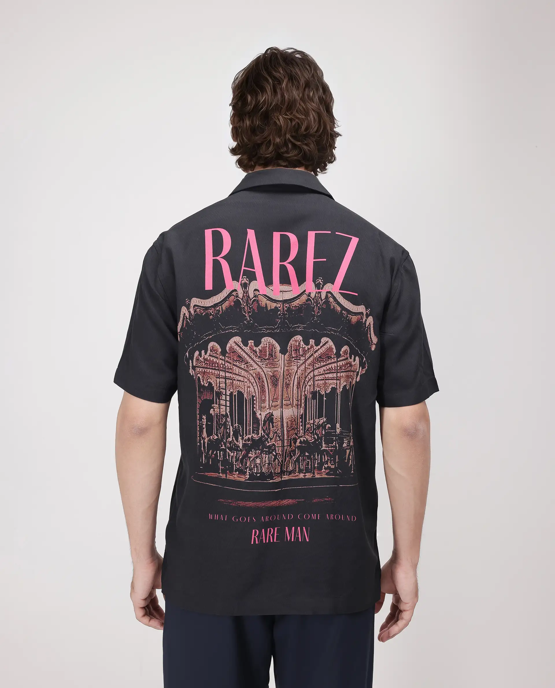 Rare Rabbit Men's Caro-S Black Cotton Graphic Print Boxy Fit Half Sleeve Cuban Collar Shirt - Image 3