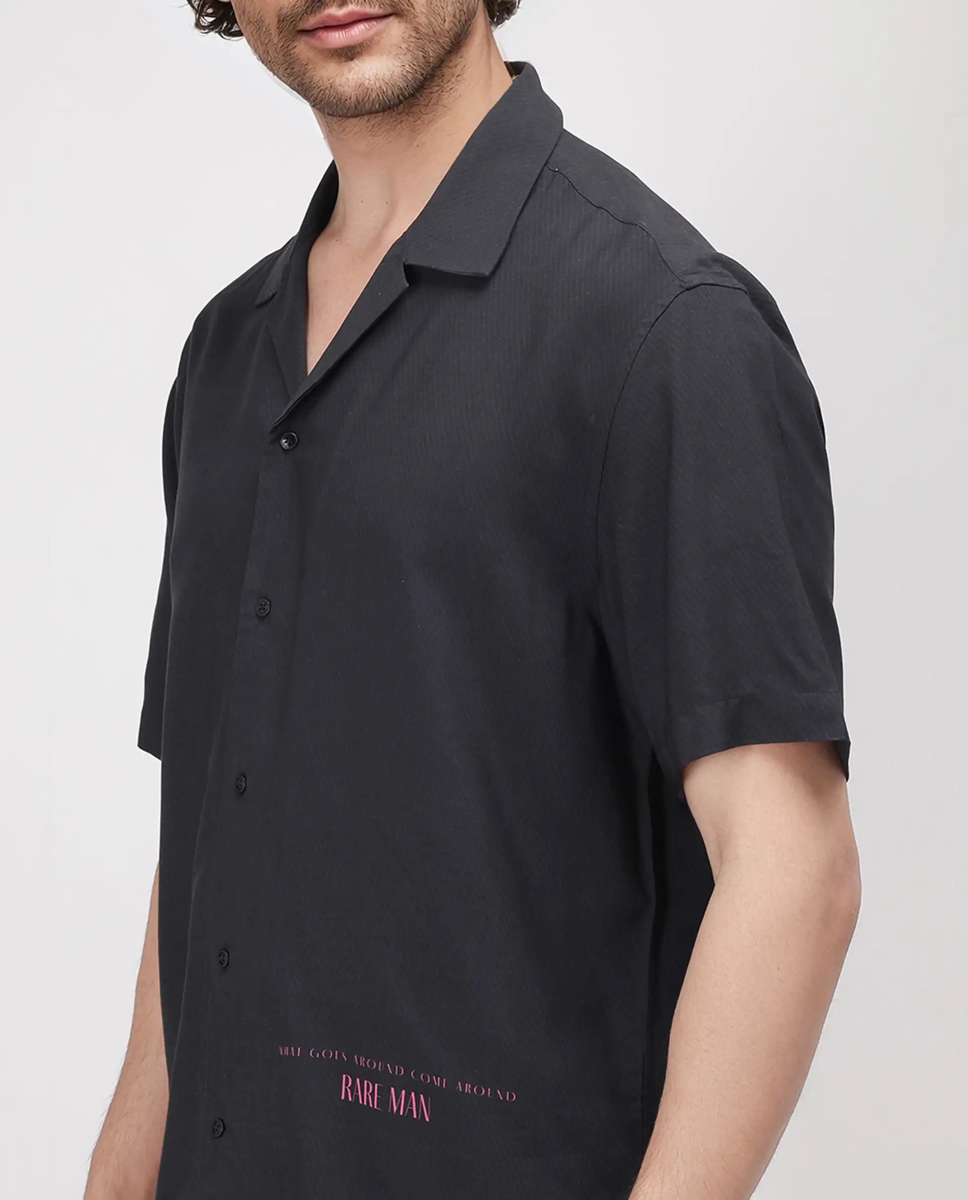 Rare Rabbit Men's Caro-S Black Cotton Graphic Print Boxy Fit Half Sleeve Cuban Collar Shirt - Image 4