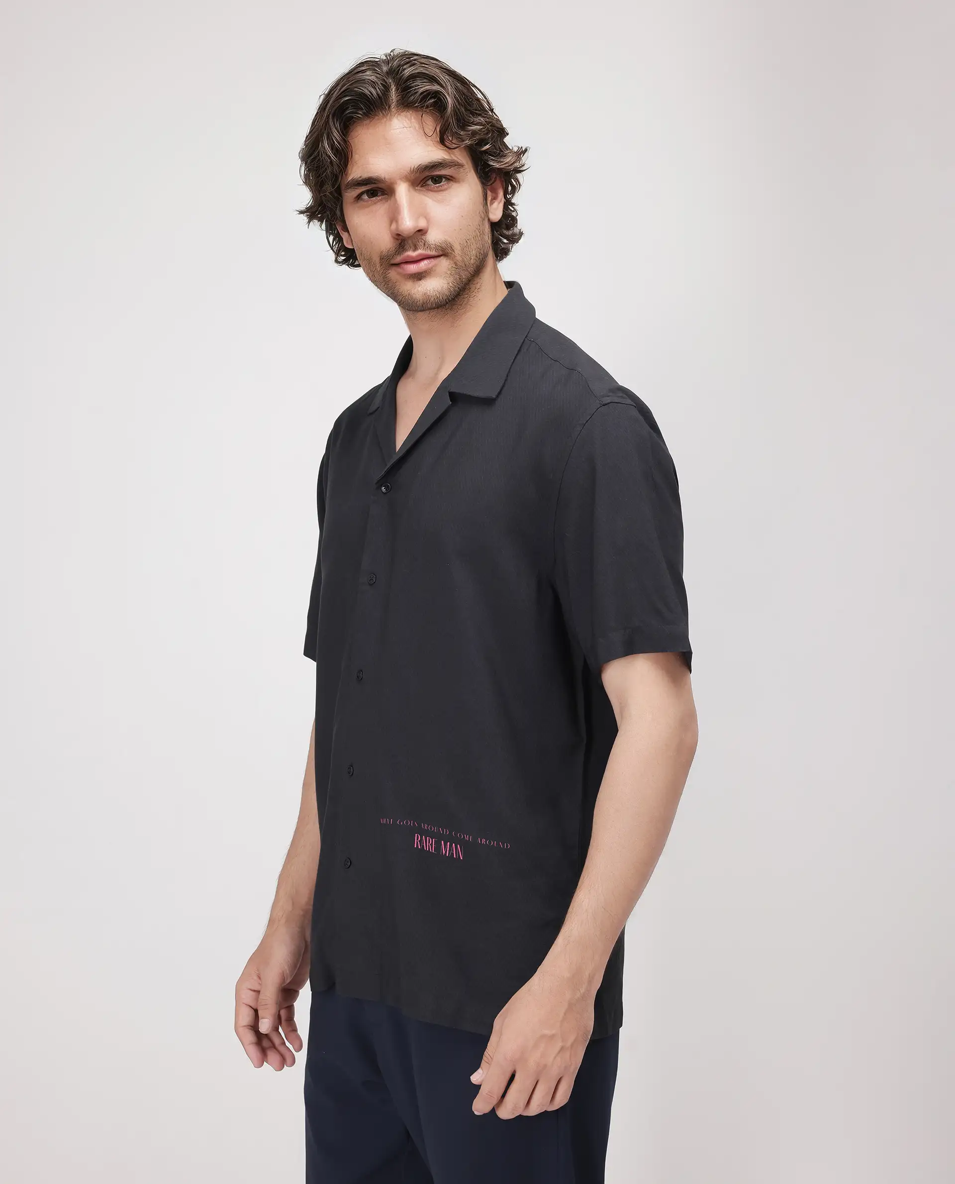 Rare Rabbit Men's Caro-S Black Cotton Graphic Print Boxy Fit Half Sleeve Cuban Collar Shirt - Image 5
