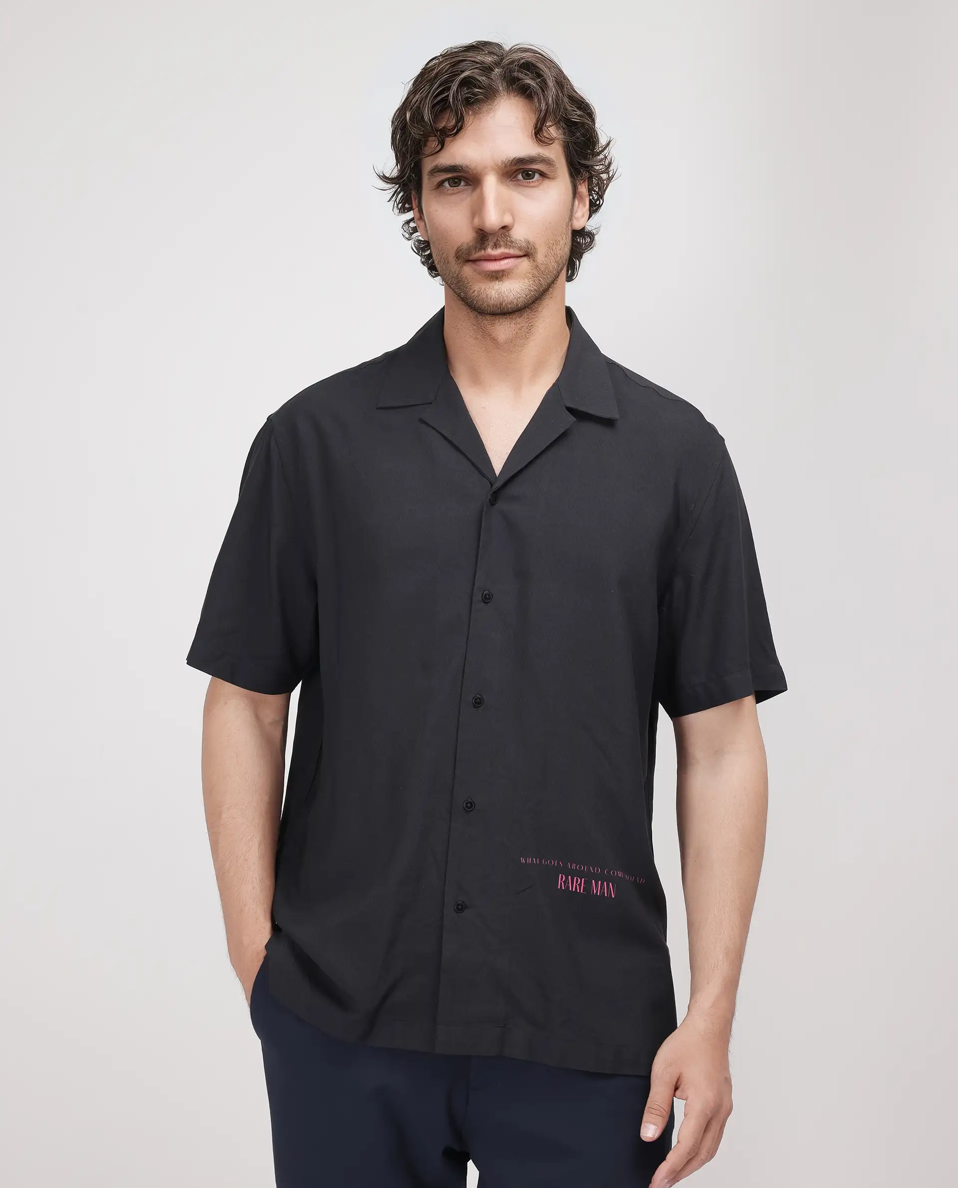 Rare Rabbit Men's Caro-S Black Cotton Graphic Print Boxy Fit Half Sleeve Cuban Collar Shirt - Image 6