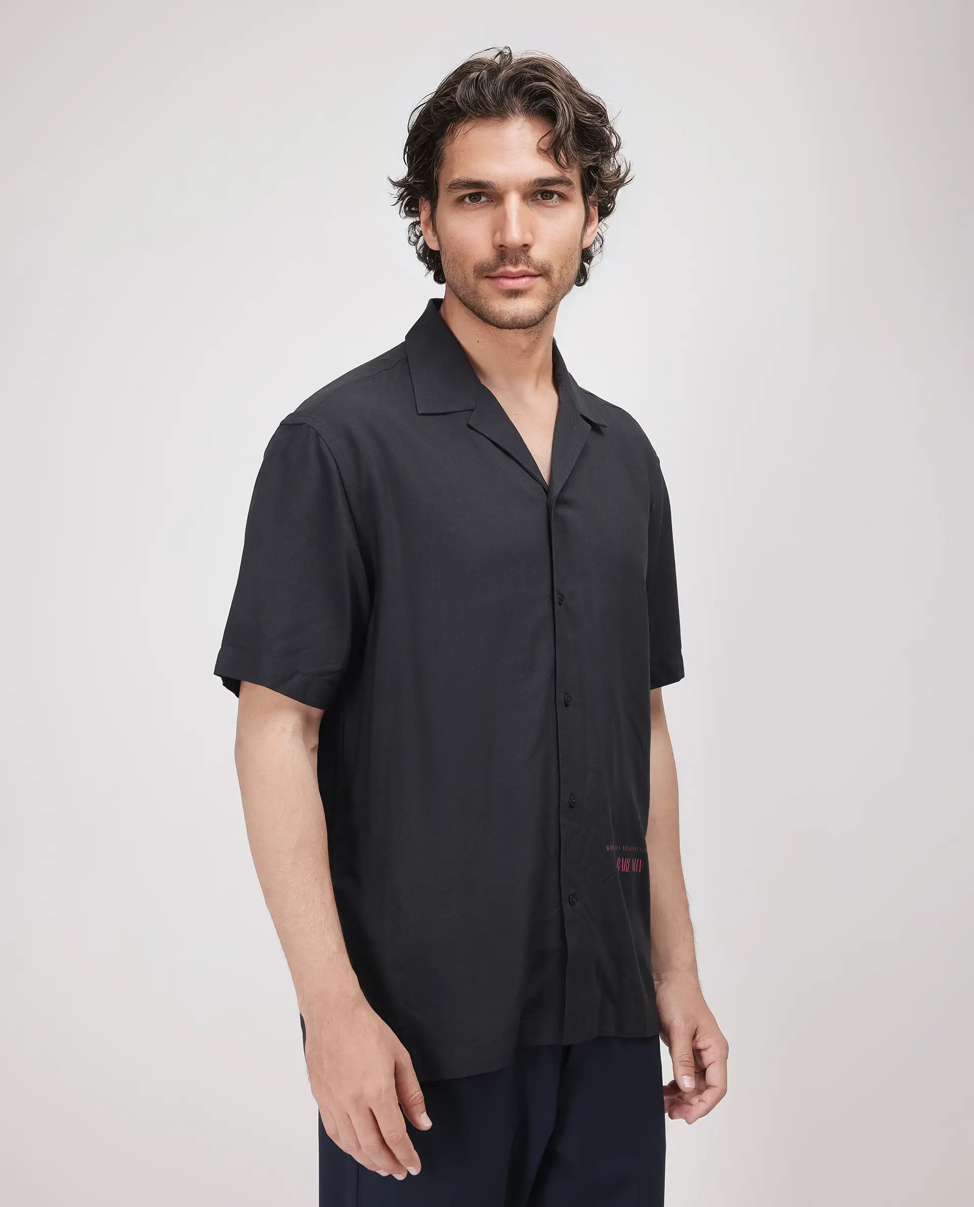 Rare Rabbit Men's Caro-S Black Cotton Graphic Print Boxy Fit Half Sleeve Cuban Collar Shirt - Image 7