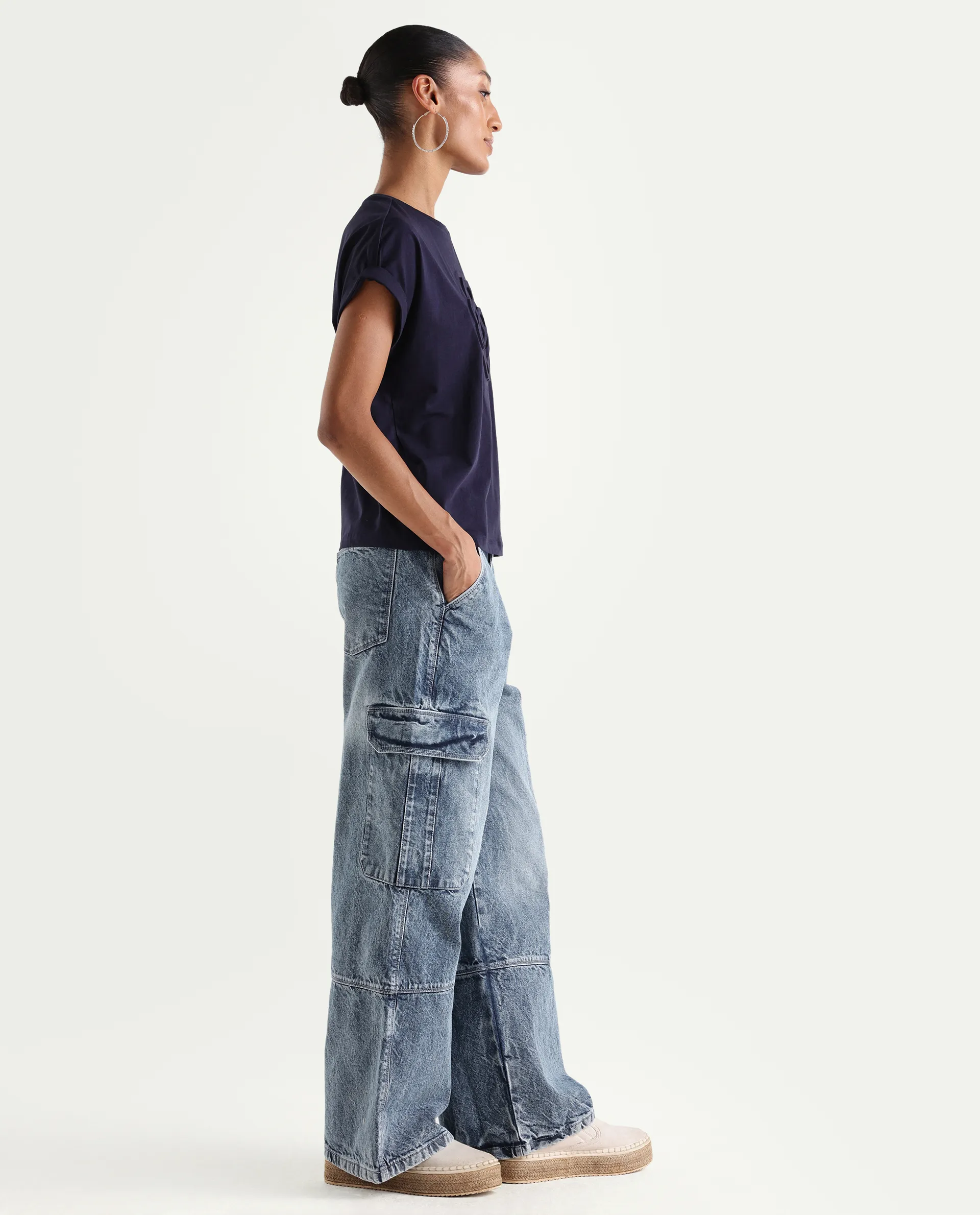 Rareism Women's Caro Light Blue Cotton Plain Ankle Length Tall Barrel Fit Jeans - Image 6