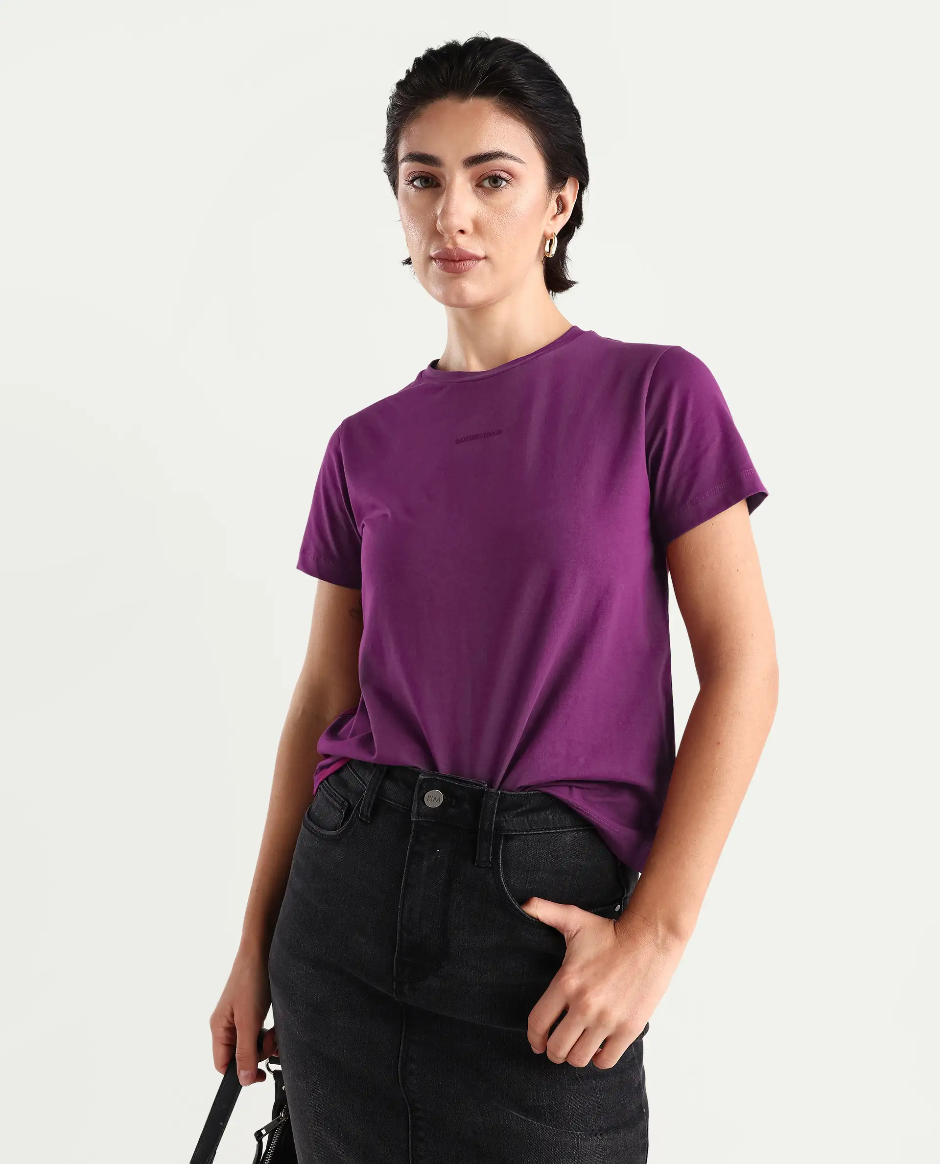 Rareism Women's Carob Dark Pink Linen Crew Neck Plain Regular Fit T-Shirt