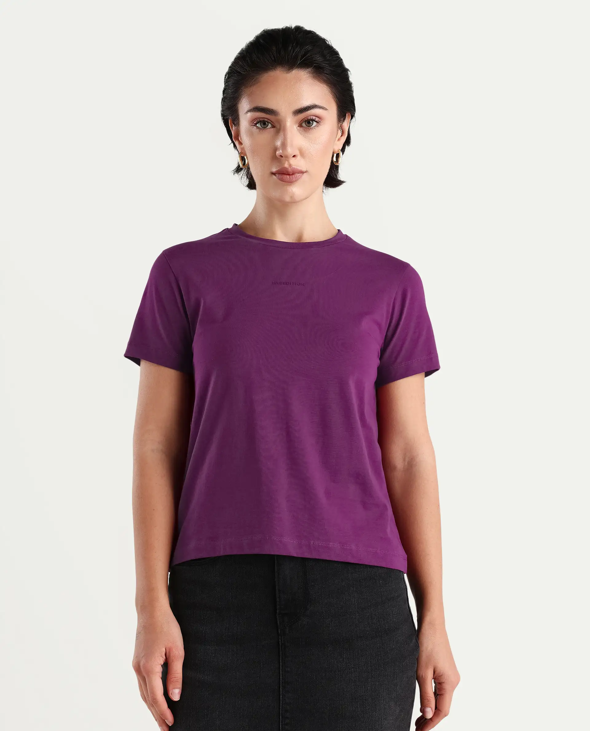 Rareism Women's Carob Dark Pink Linen Crew Neck Plain Regular Fit T-Shirt - Image 4