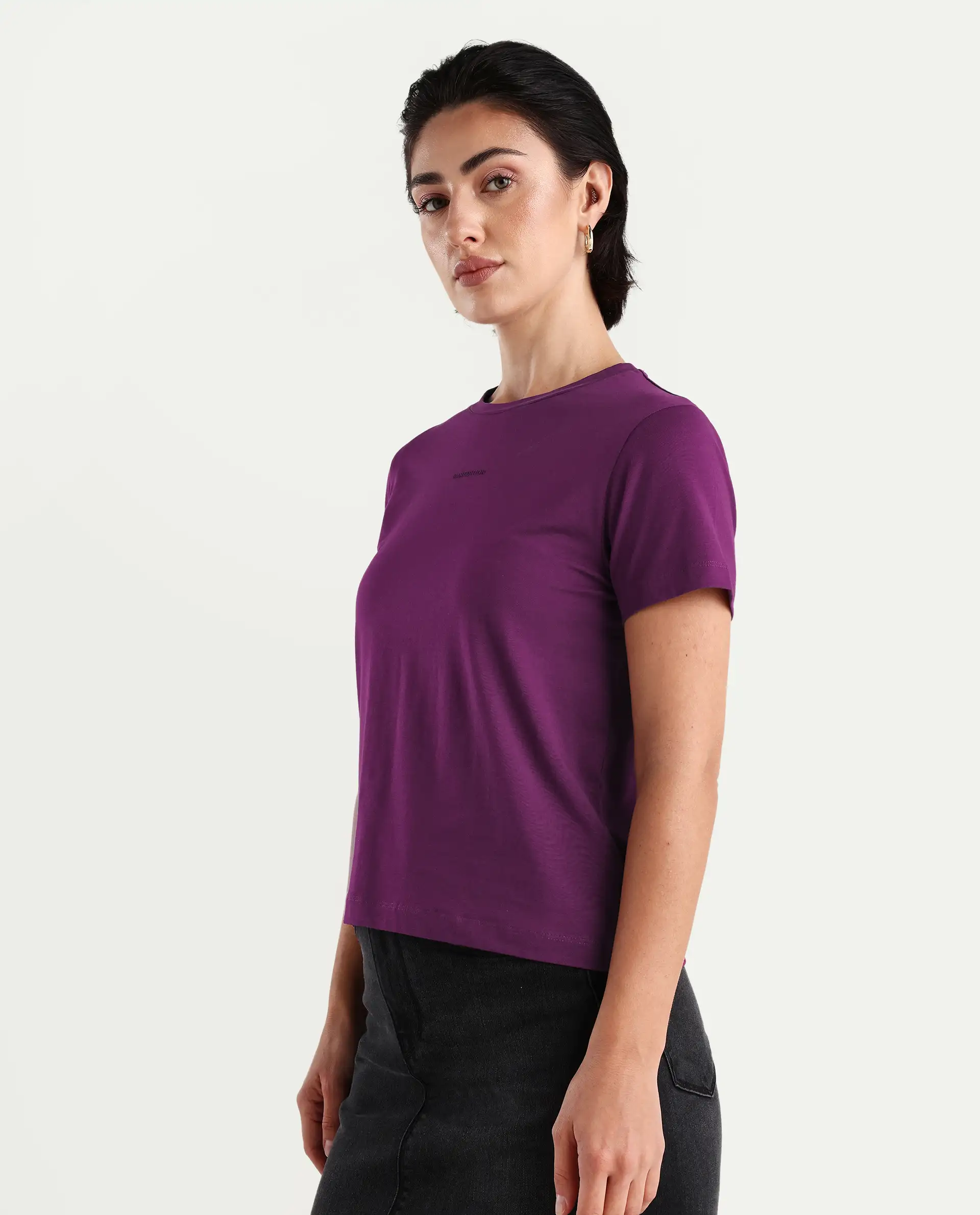 Rareism Women's Carob Dark Pink Linen Crew Neck Plain Regular Fit T-Shirt - Image 5