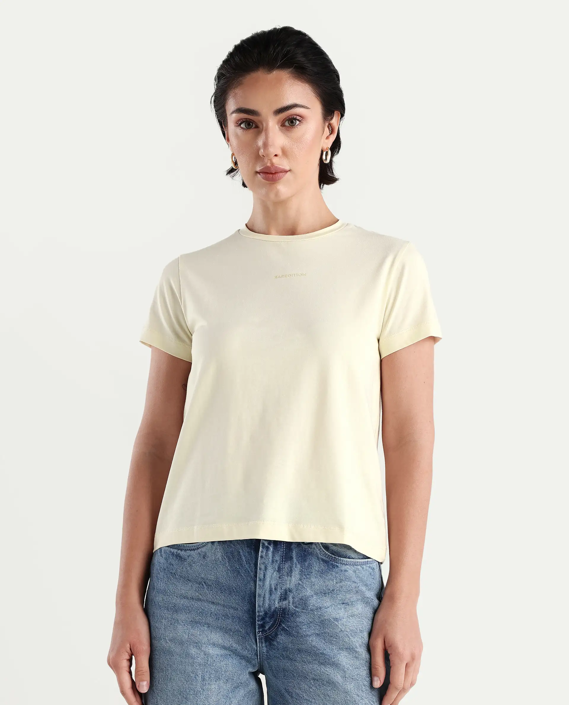 Rareism Women's Carob Off White Linen Crew Neck Typography Print Regular Fit T-Shirt - Image 4