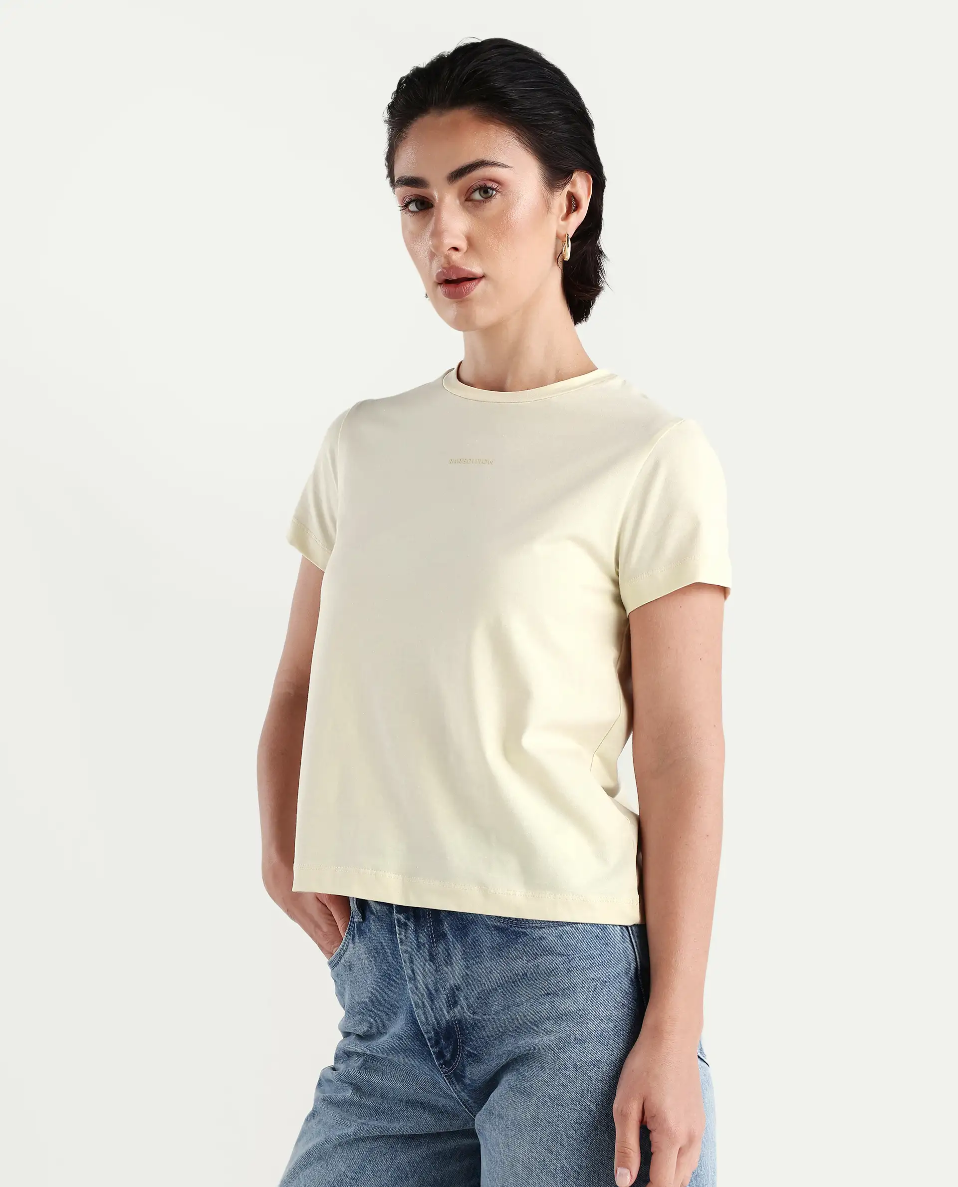 Rareism Women's Carob Off White Linen Crew Neck Typography Print Regular Fit T-Shirt - Image 5
