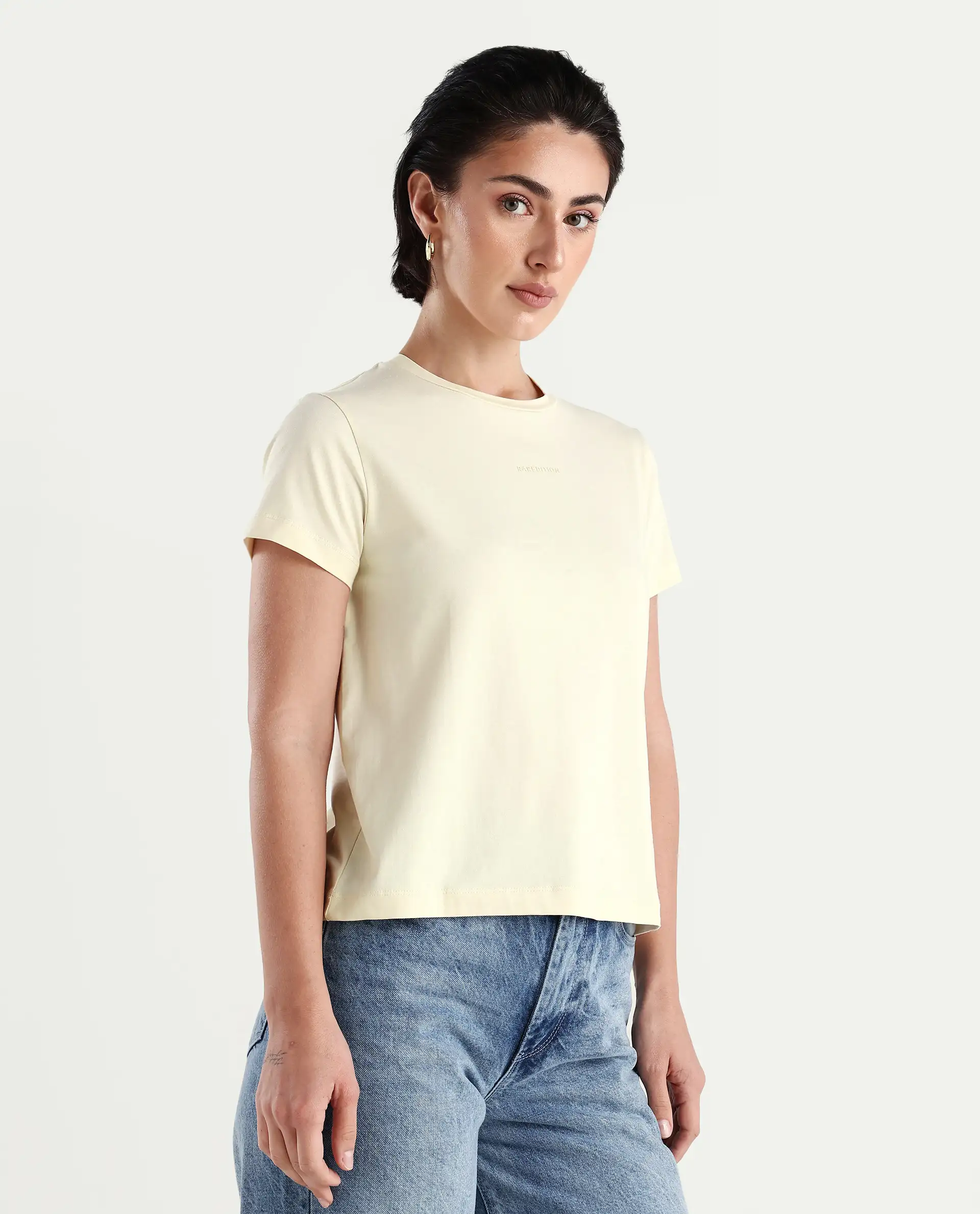 Rareism Women's Carob Off White Linen Crew Neck Typography Print Regular Fit T-Shirt - Image 6