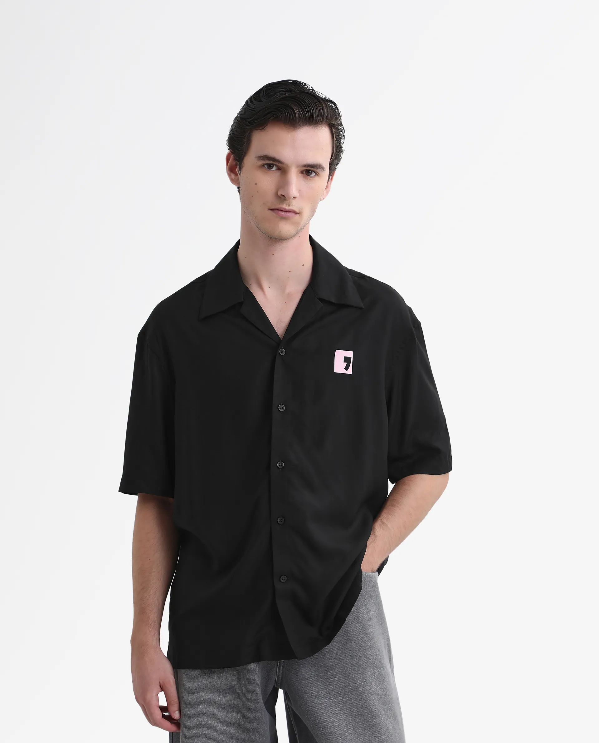 Rare Rabbit Men's Caroo Black Cotton Graphic Print Boxy Fit Half Sleeve Cuban Collar Shirt - Image 4