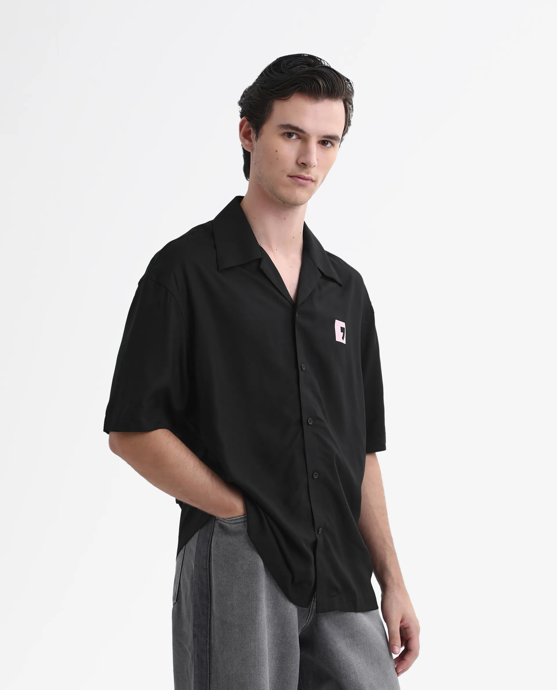 Rare Rabbit Men's Caroo Black Cotton Graphic Print Boxy Fit Half Sleeve Cuban Collar Shirt - Image 6
