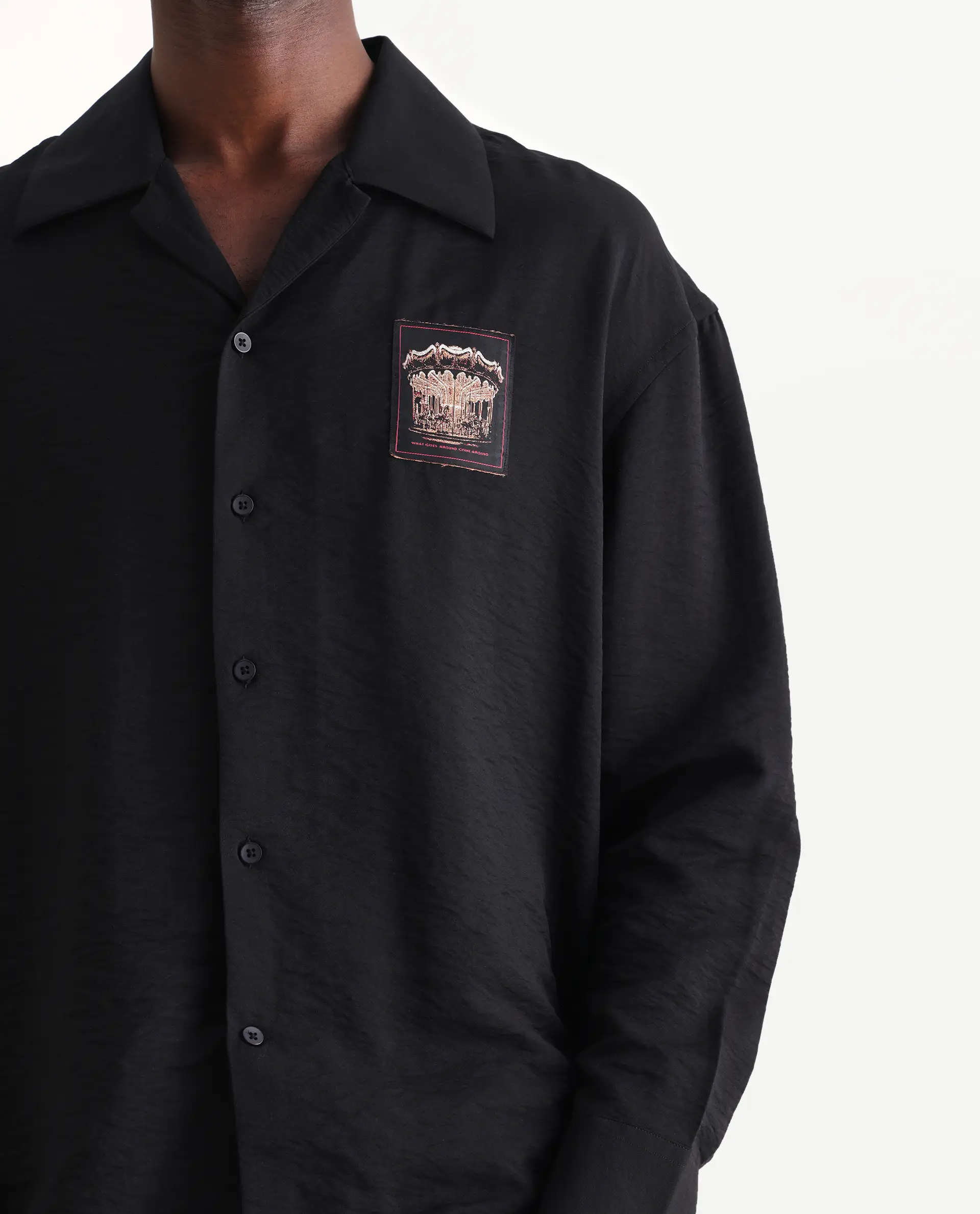 Rare Rabbit Men's Carost Black Cotton Applique Print Boxy Fit Full Sleeve Cuban Collar Shirt - Image 3