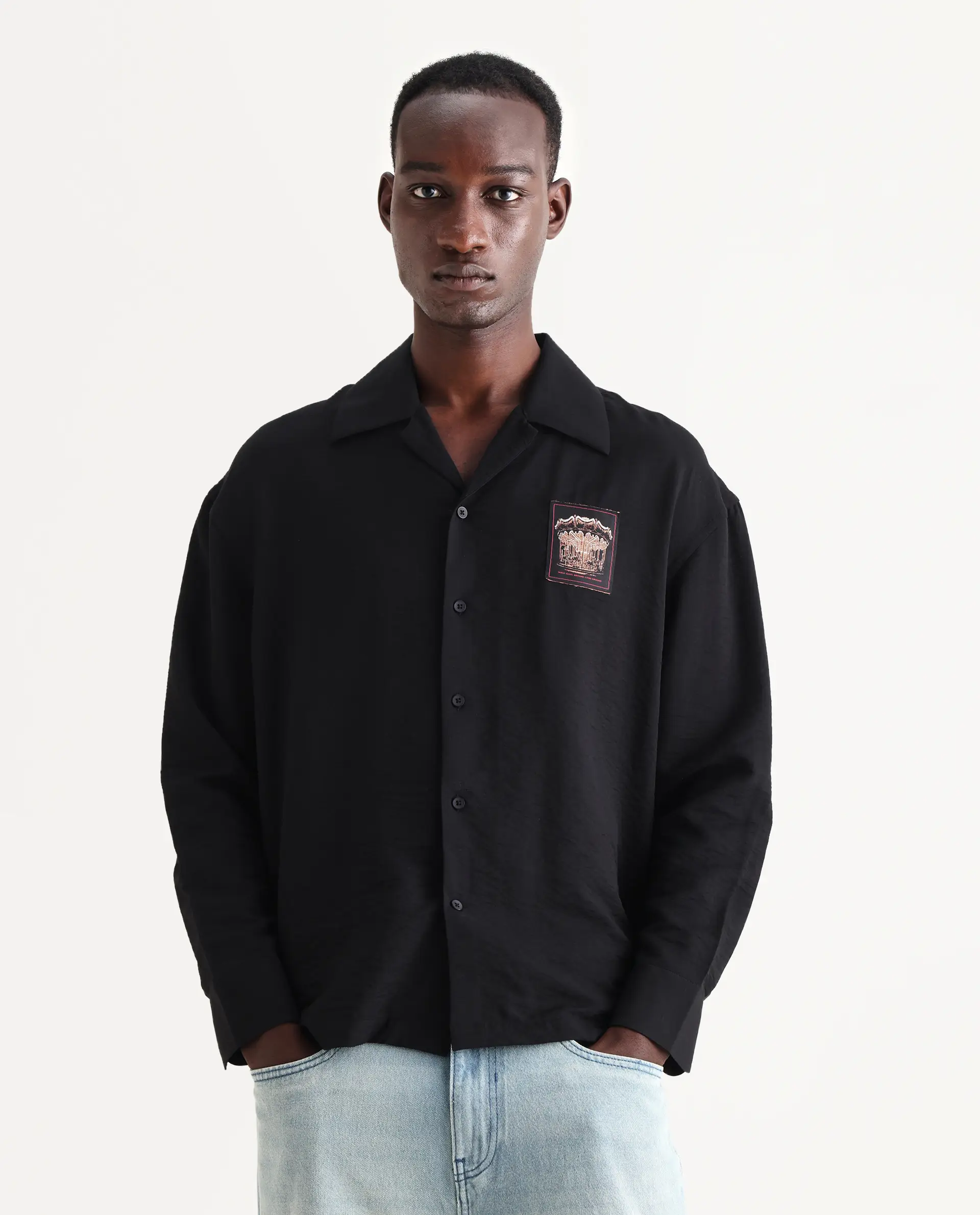 Rare Rabbit Men's Carost Black Cotton Applique Print Boxy Fit Full Sleeve Cuban Collar Shirt - Image 4