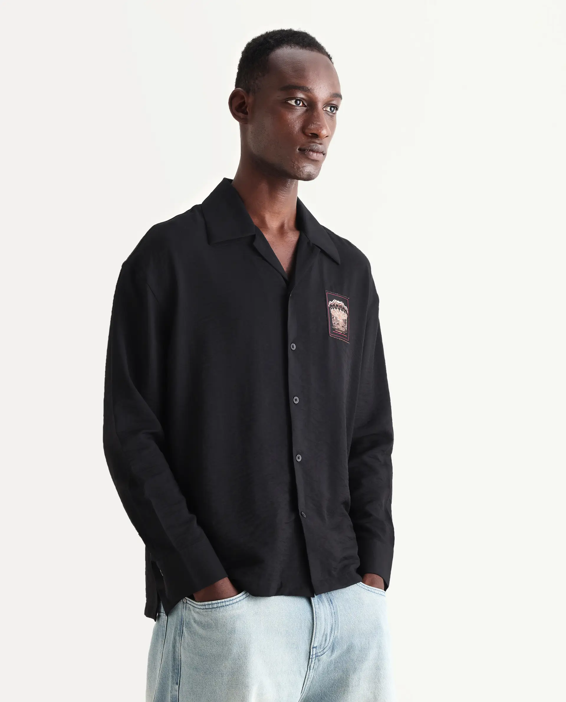Rare Rabbit Men's Carost Black Cotton Applique Print Boxy Fit Full Sleeve Cuban Collar Shirt - Image 5
